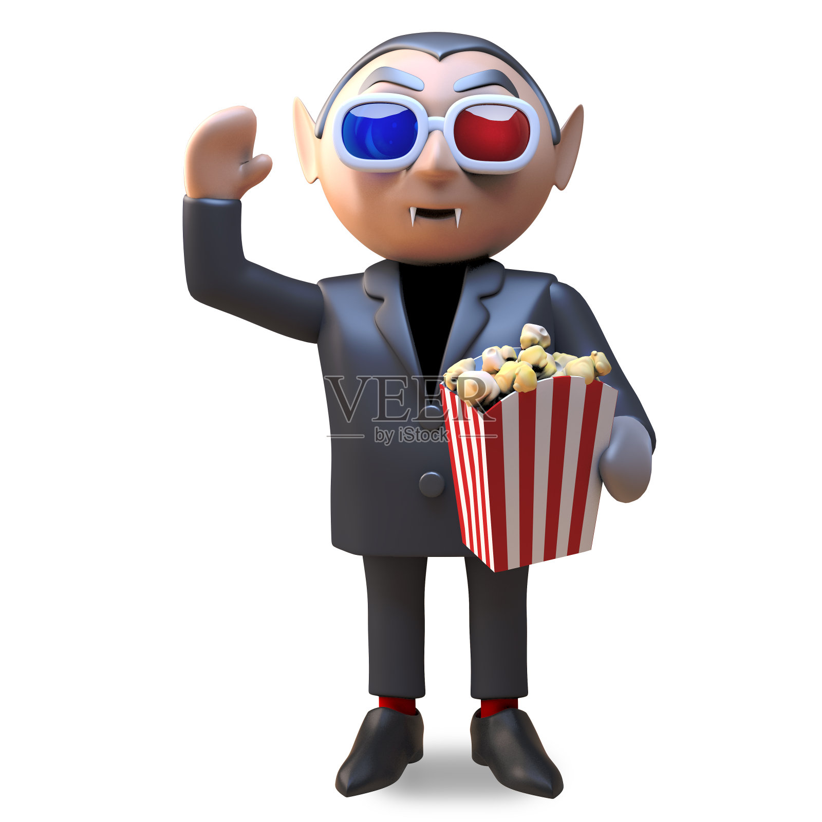 卡通吸血鬼德古拉一边吃爆米花一边看3d恐怖电影，3d插画插画图片素材