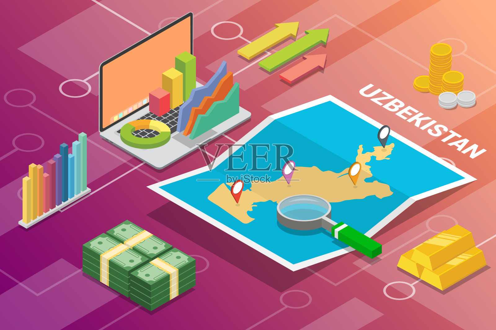 乌兹别克斯坦共和国等距商业经济增长国家与地图和金融状况-矢量插图设计模板素材