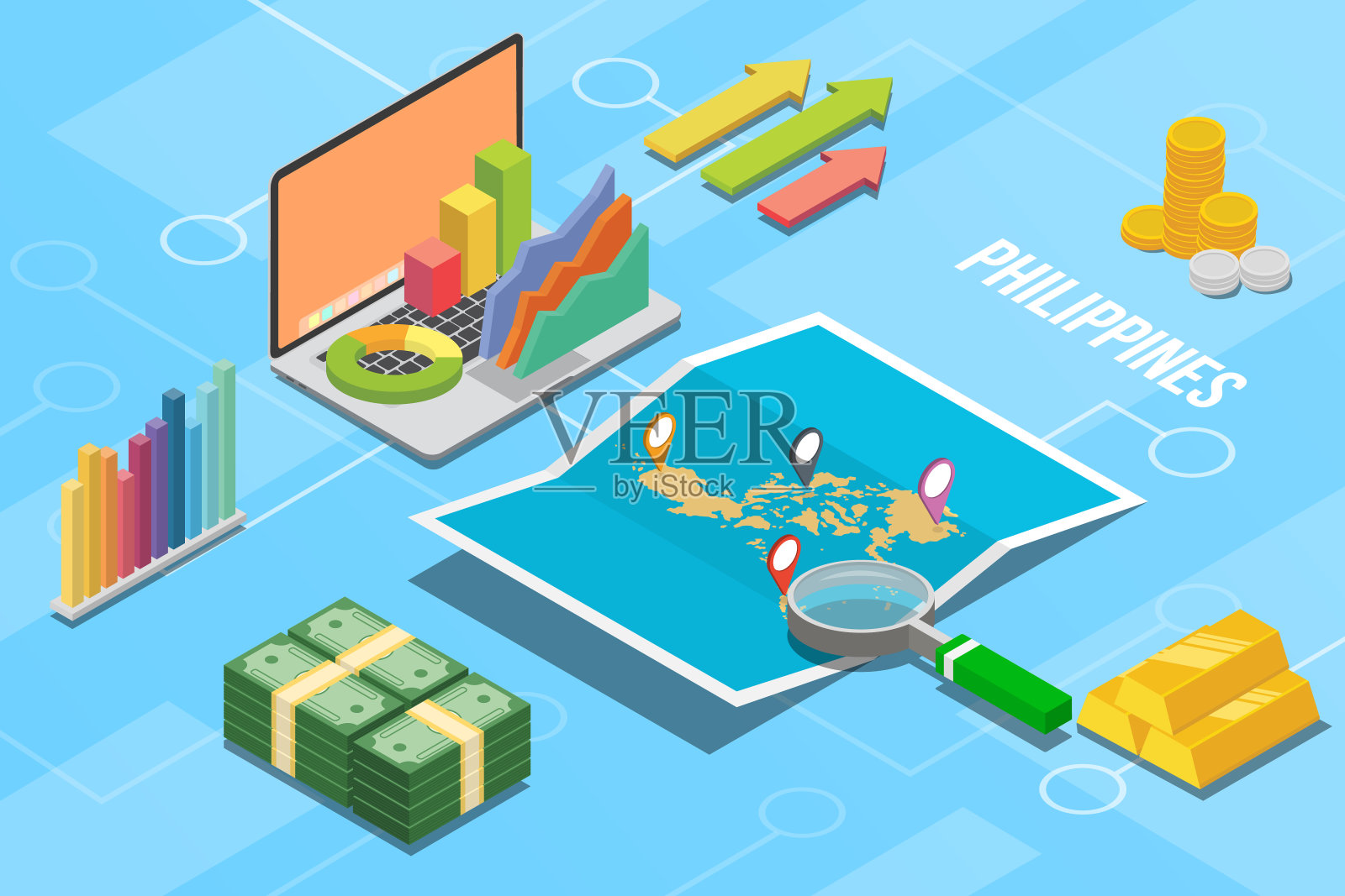 菲律宾商业经济增长国家与地图和金融状况-矢量插图插画图片素材