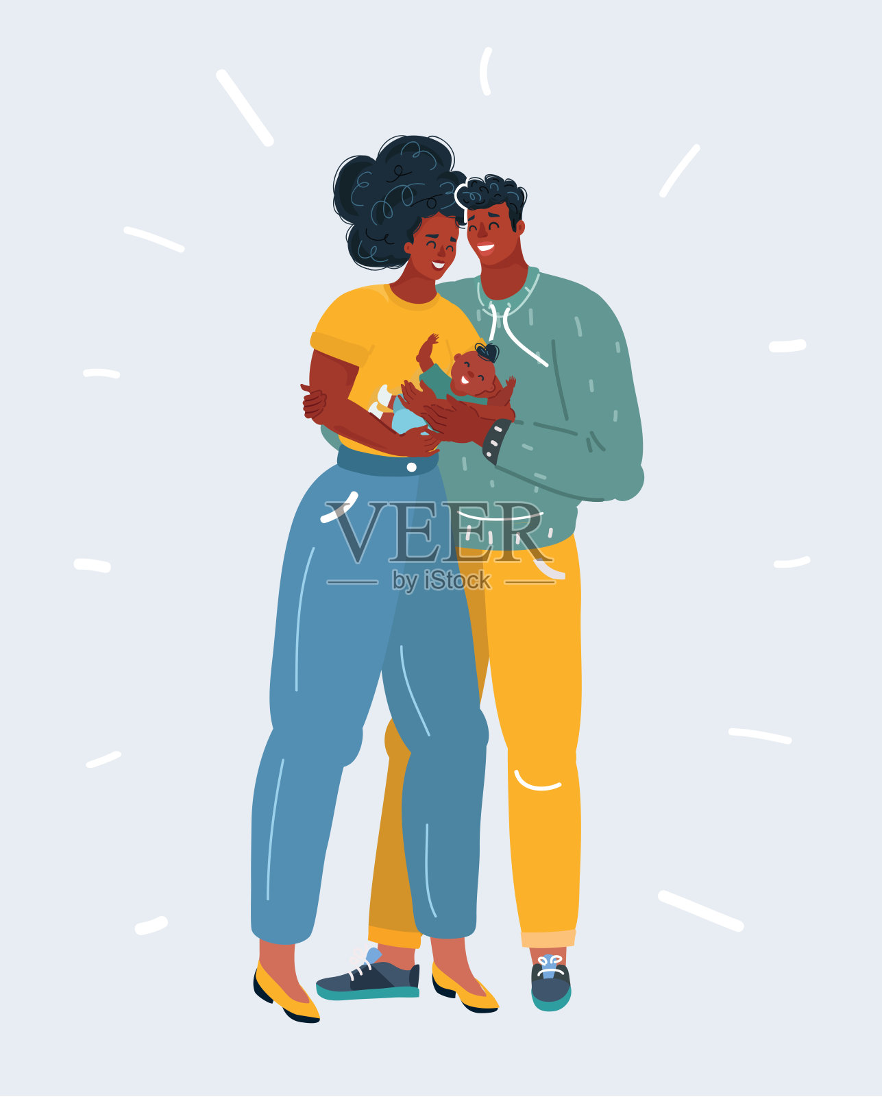 皮肤黝黑的快乐父母拥抱着一个小婴儿插画图片素材