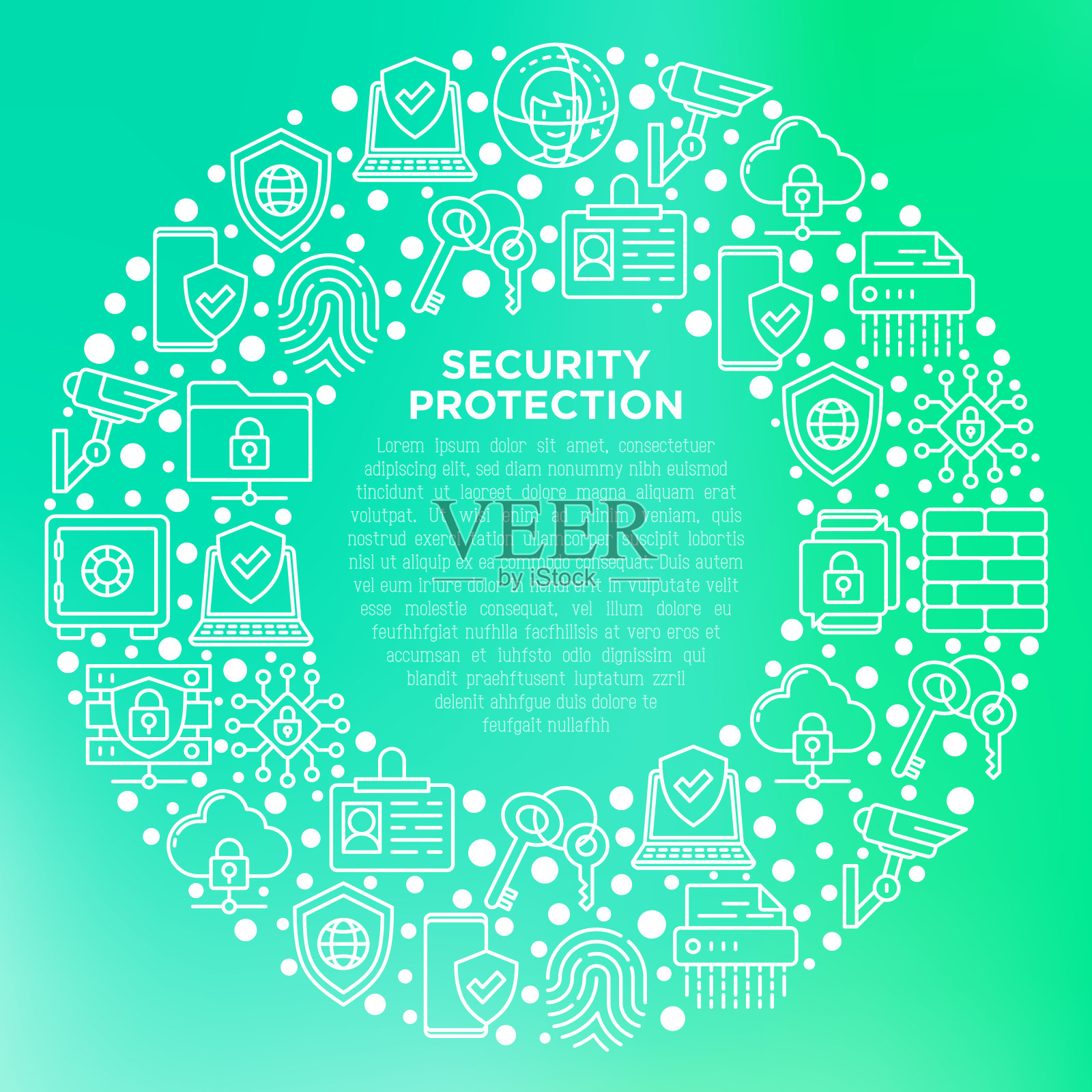 用细线图标圈出的安全保护概念:移动安全、指纹、徽章、防火墙、人脸识别、安全文件夹、监控摄像头、键盘、碎纸机。现代的矢量图插画图片素材