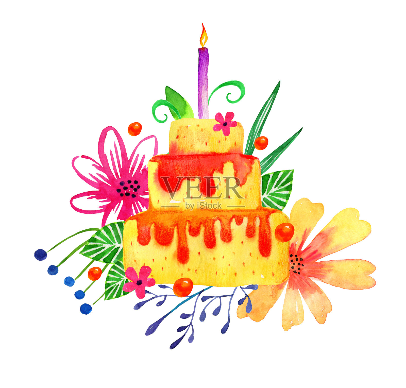 生日蛋糕，背景上有蜡烛和植物。手绘卡通水彩素描插图设计模板素材