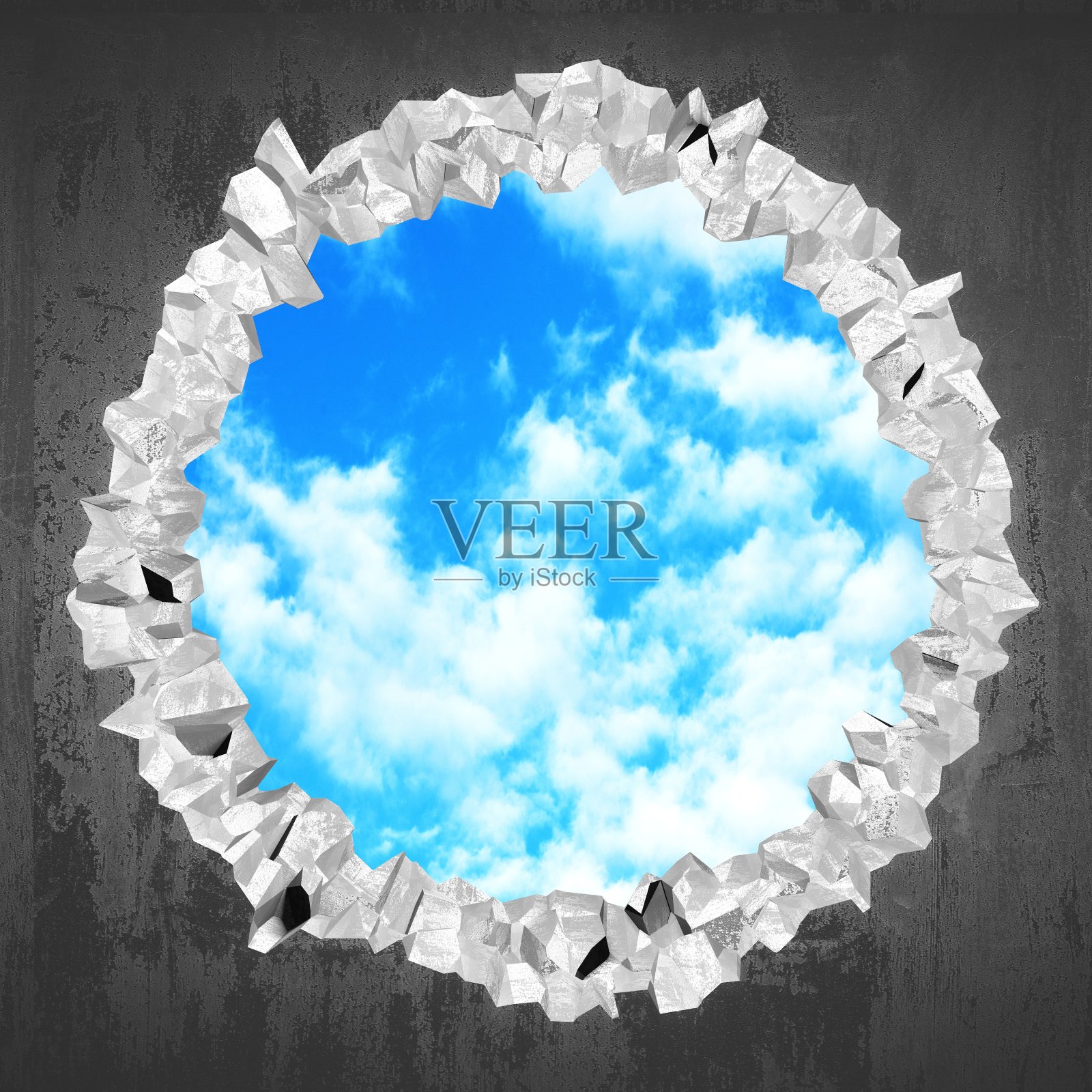 Сracked混凝土墙破洞到阴天照片摄影图片