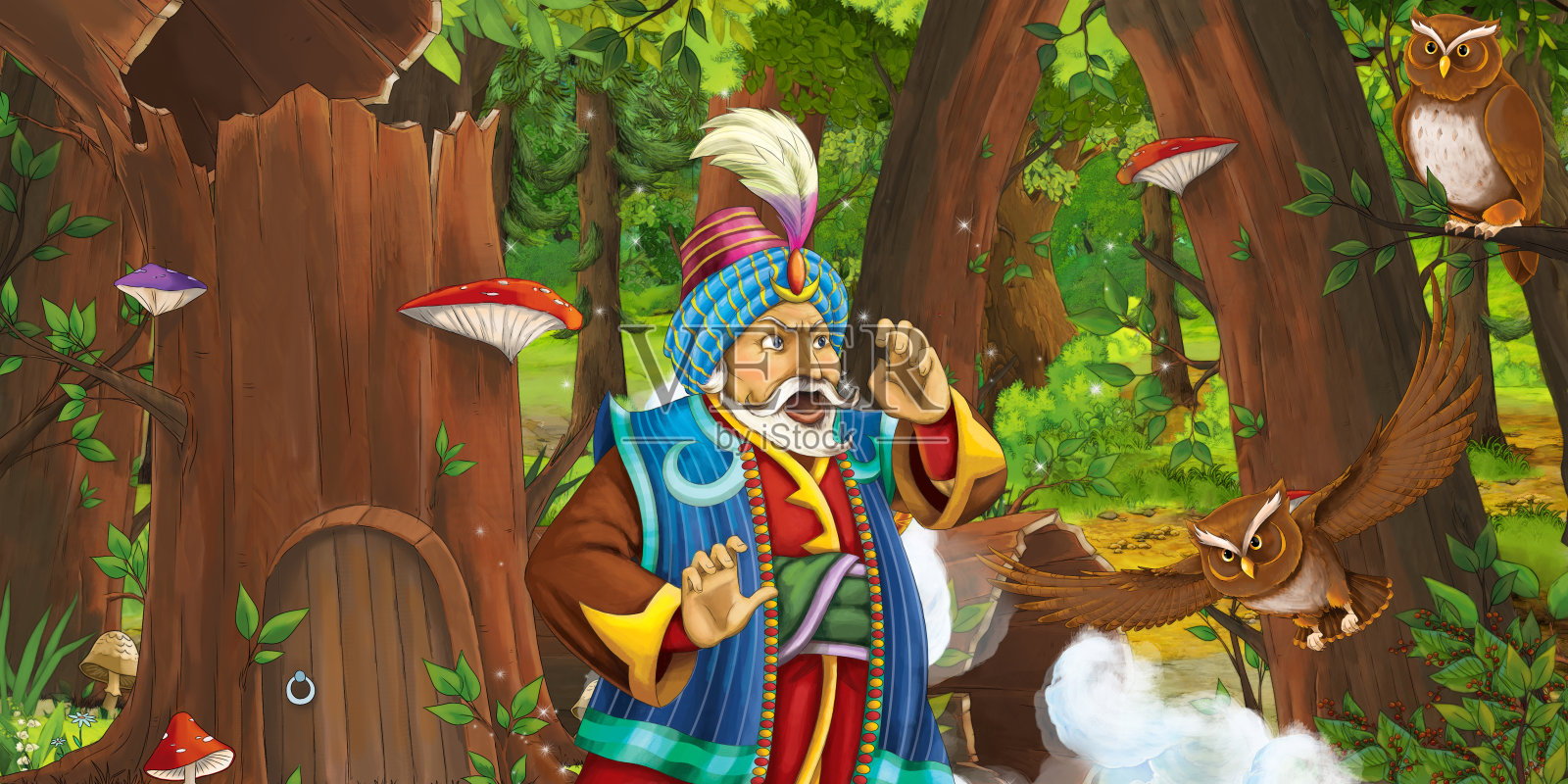 卡通场景与王子或国王在森林附近的一些房子在老树和附近的一些猫头鹰鸟插画图片素材