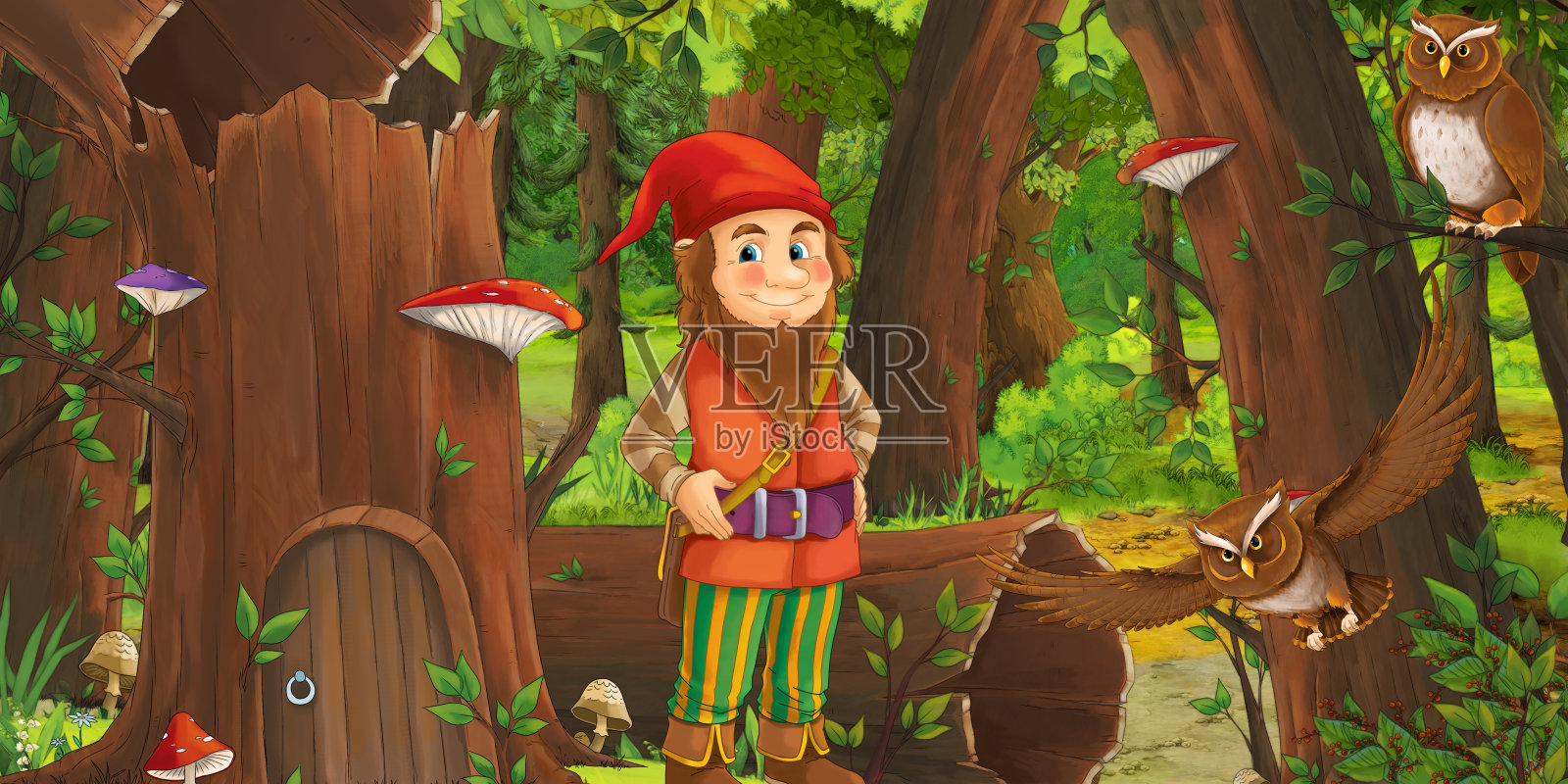 卡通场景与快乐的小矮人在森林附近的老树上的一些房子和附近的一些猫头鹰鸟插画图片素材