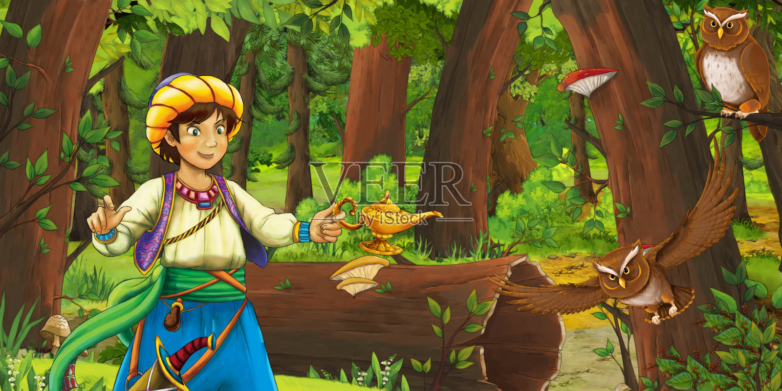 卡通场景与旅行者或王子在森林附近的一些猫头鹰鸟插画图片素材