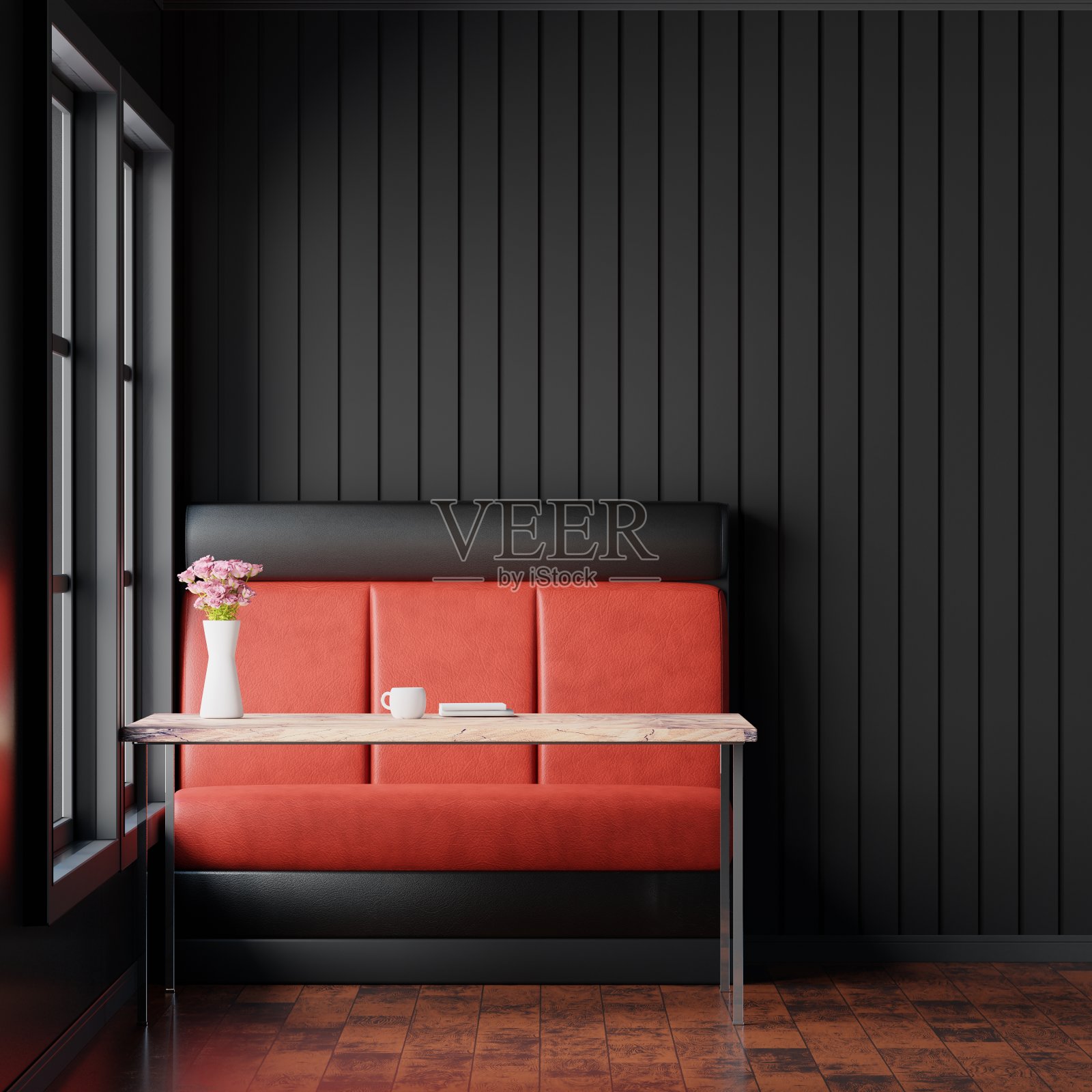 现代餐厅，客厅黑色墙壁背景和红色沙发，3D渲染照片摄影图片