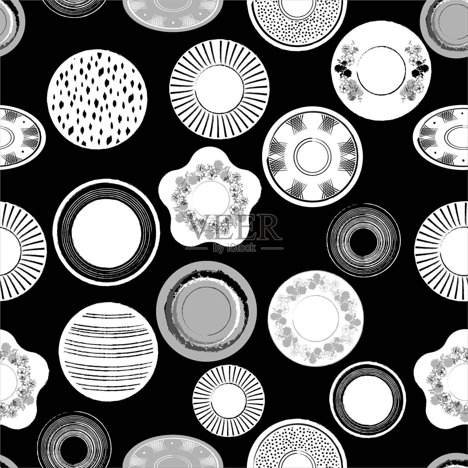 时尚单调的黑白矢量插图手绘瓷盘图案无缝模式在矢量，设计时装面料，网，壁纸和所有印花插画图片素材