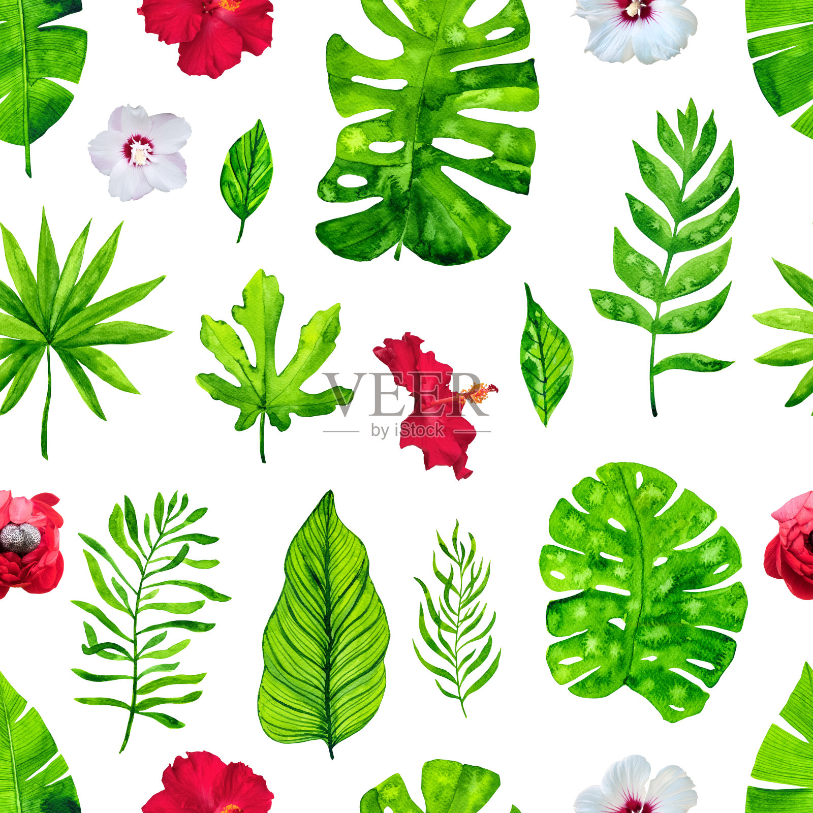 无缝模式与热带叶和花插画图片素材