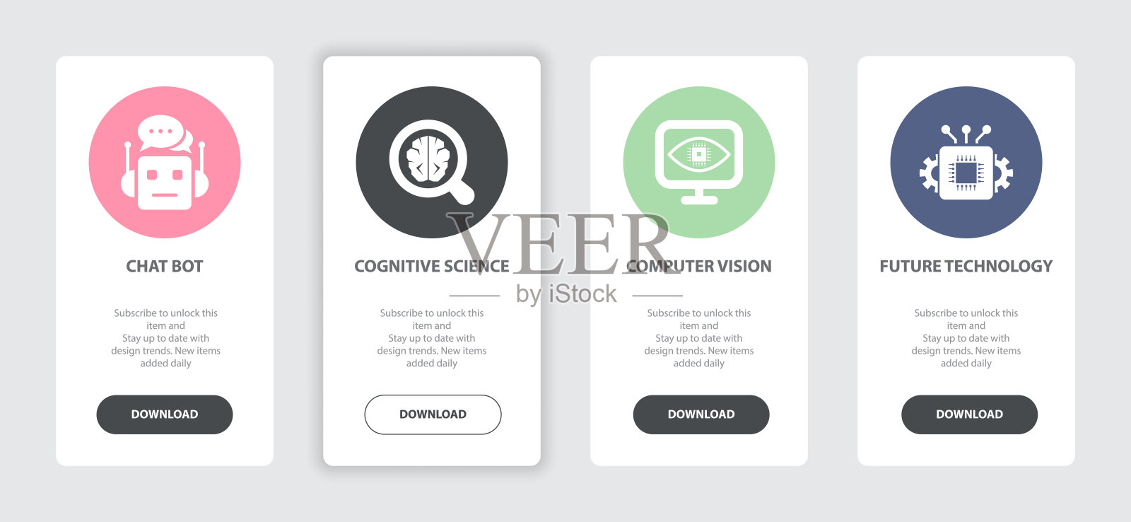 人工智能4网页横幅概念模板聊天机器人，认知科学，计算机视觉，未来技术图标。新潮的网页UI设计理念插画图片素材