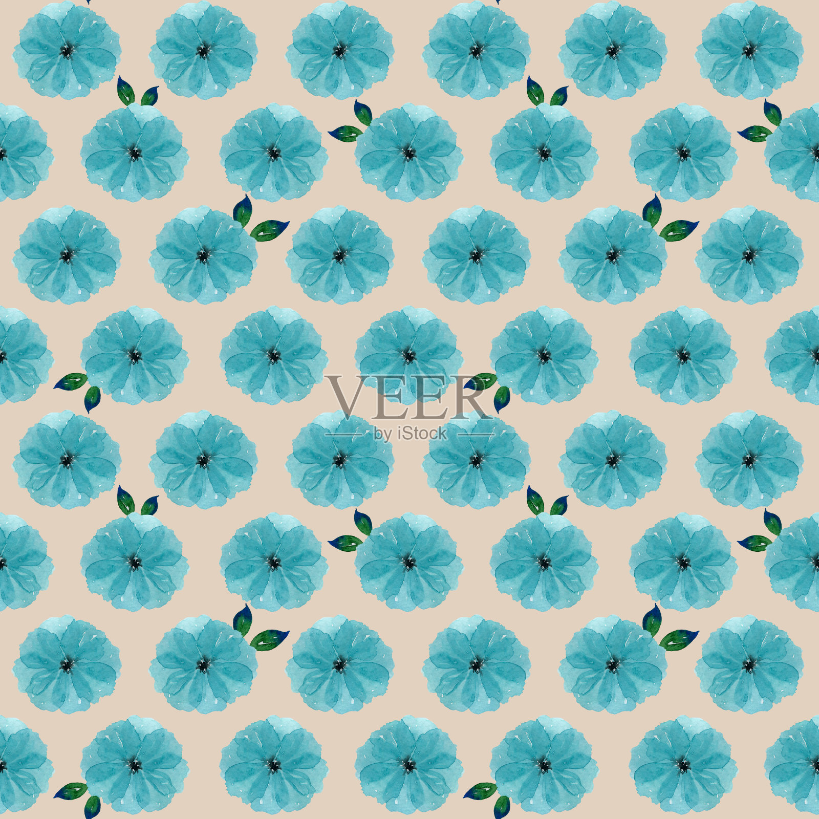 无缝水彩图案盛开的蓝色花朵和叶子。插画图片素材