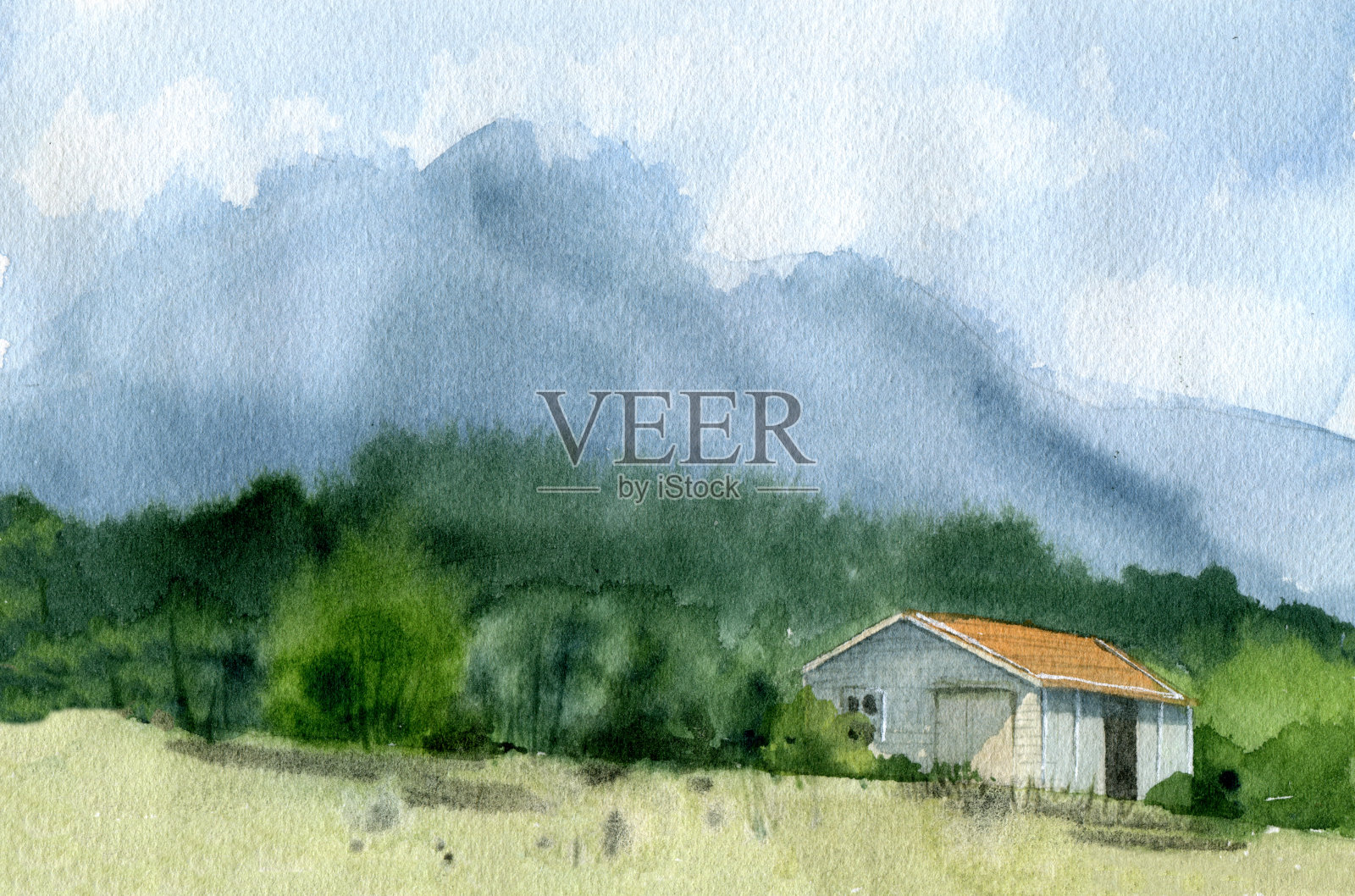 有山有云的房子。插画图片素材