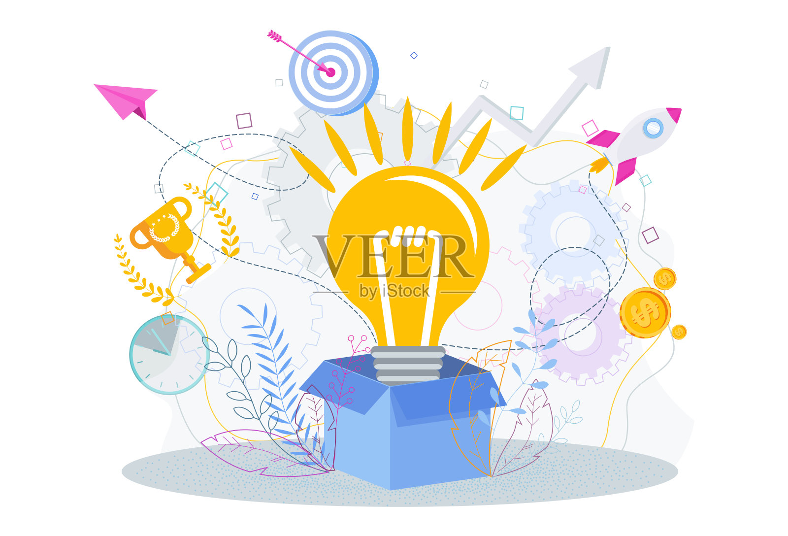 灯从纸板箱里弹了出来。跳出思维定势。插画图片素材