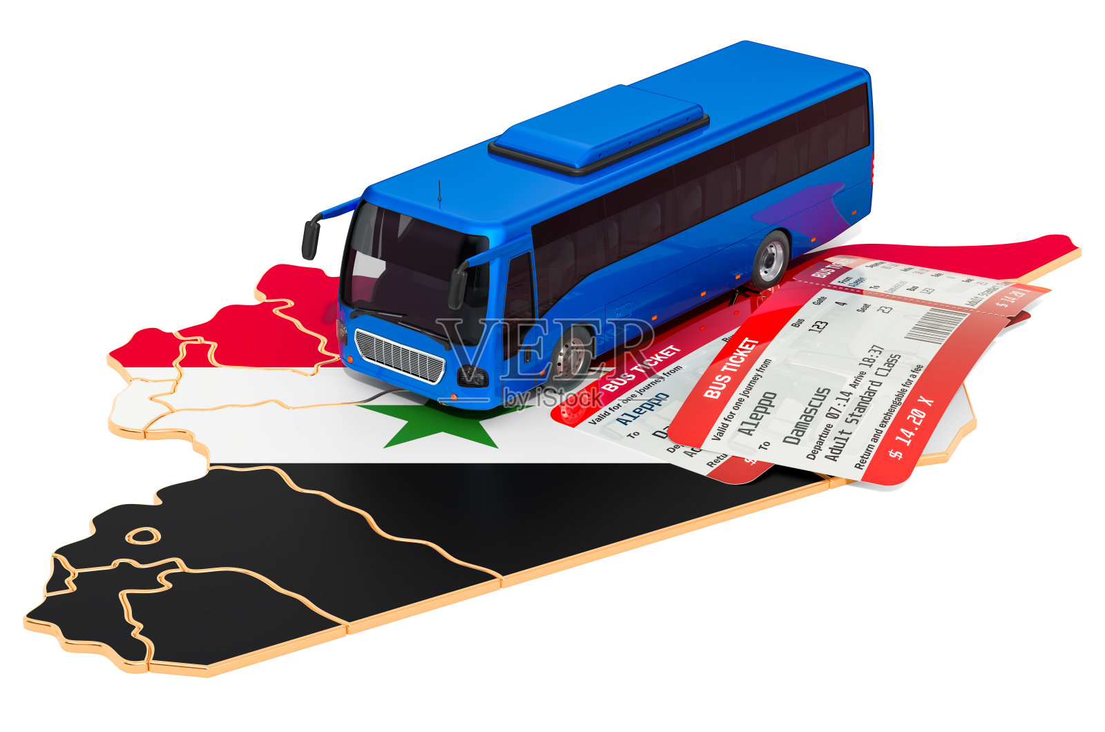 在叙利亚的巴士旅行，概念。3D渲染孤立的白色背景照片摄影图片