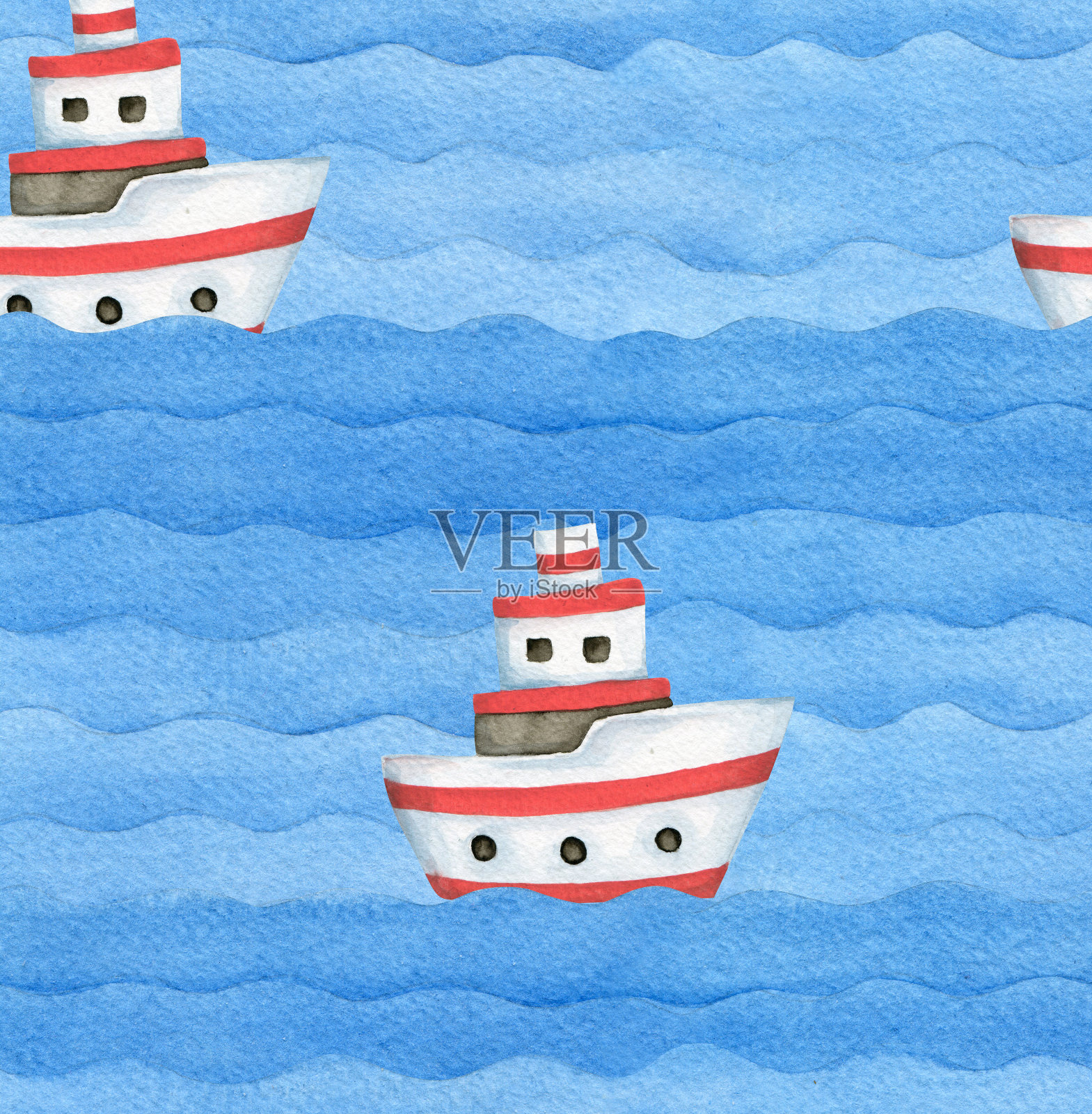 夏季水彩海上游船无缝模式插画图片素材