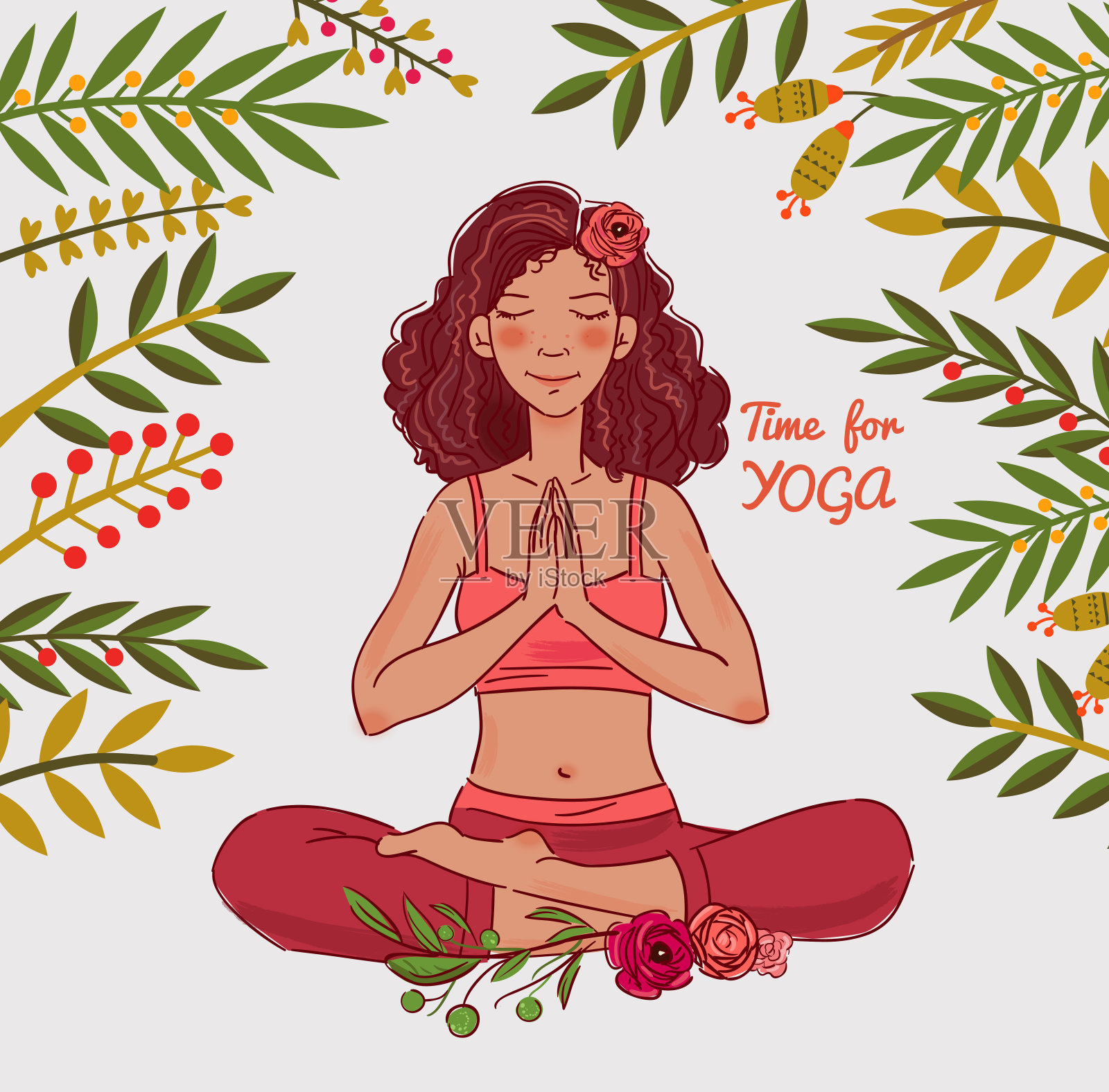 可爱的年轻女子练习瑜伽，坐在莲花的位置，手放在一起插画图片素材