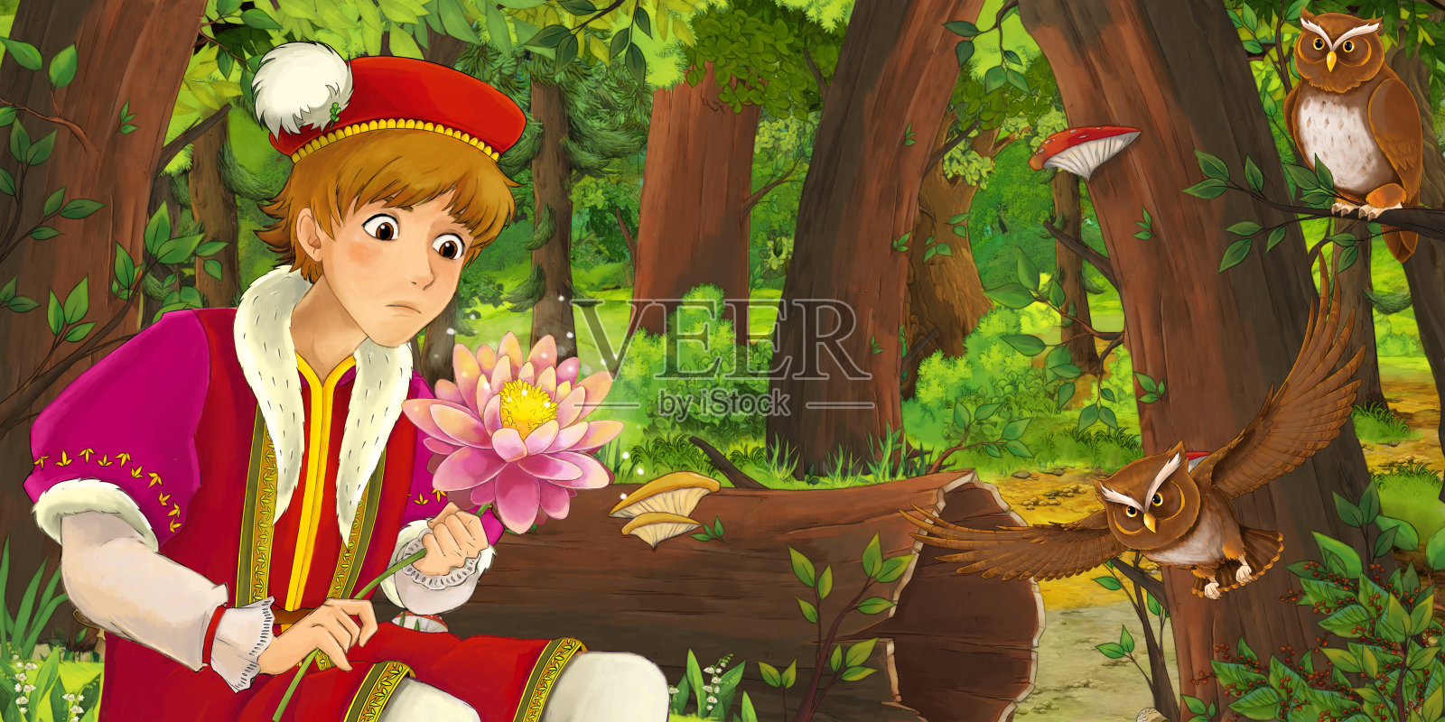 卡通场景与快乐的小男孩王子在森林里遇到一对飞翔的猫头鹰插画图片素材