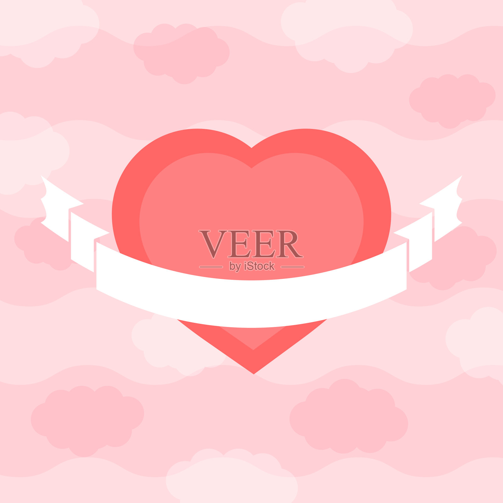 彩色孤立的心在天空背景与云..用白色缎带横幅的文字在前面。简单的平面矢量插图。适用于明信片、婚礼、度假、场所的装饰。插画图片素材