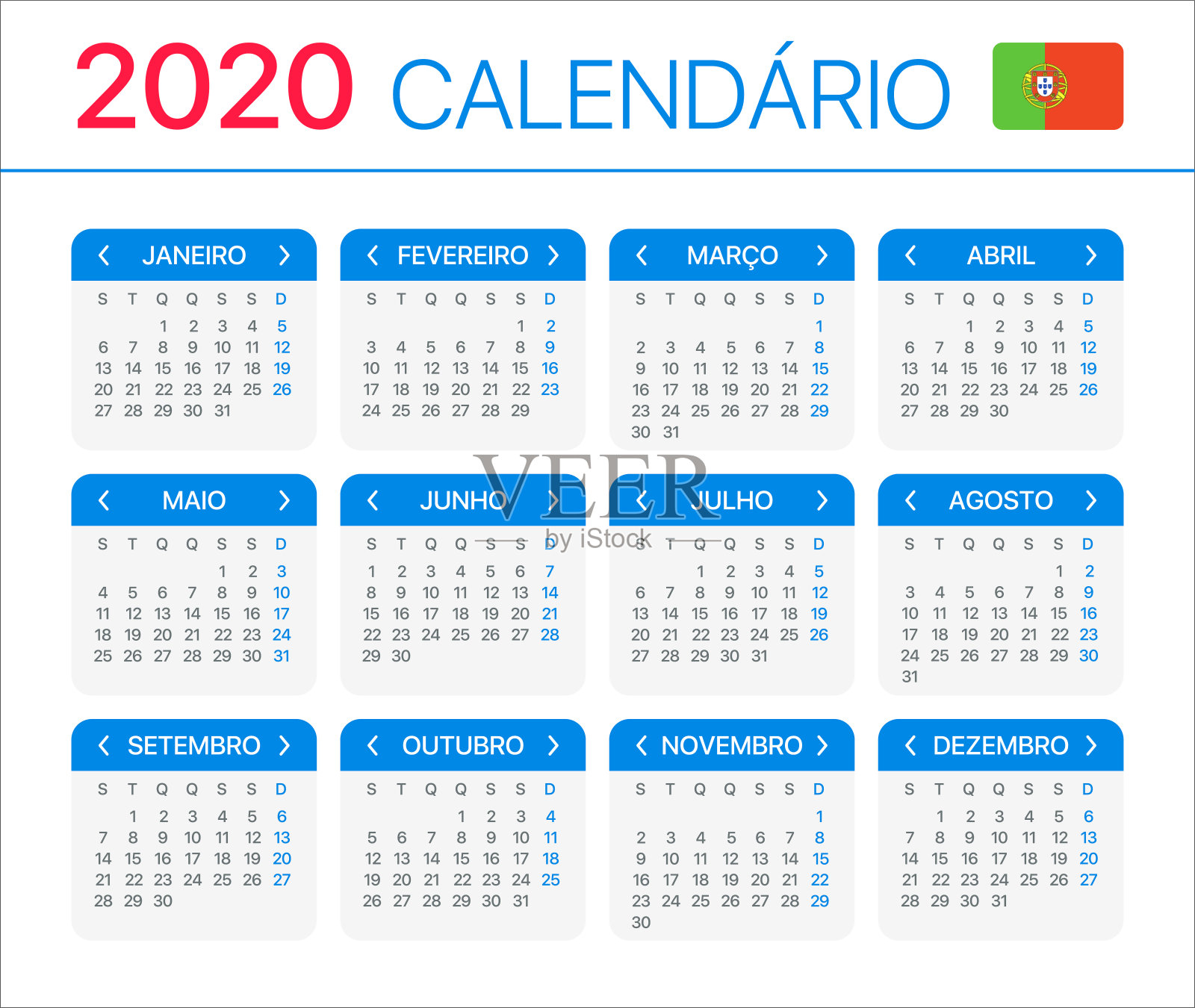 2020年日历-矢量模板图形插图-葡萄牙文版插画图片素材