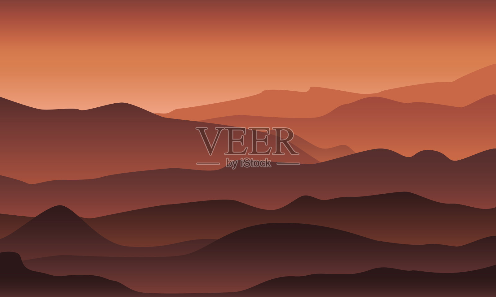 沙漠山地景观在日落/日出光线和雾。早晨/晚上在山上的插图插画图片素材