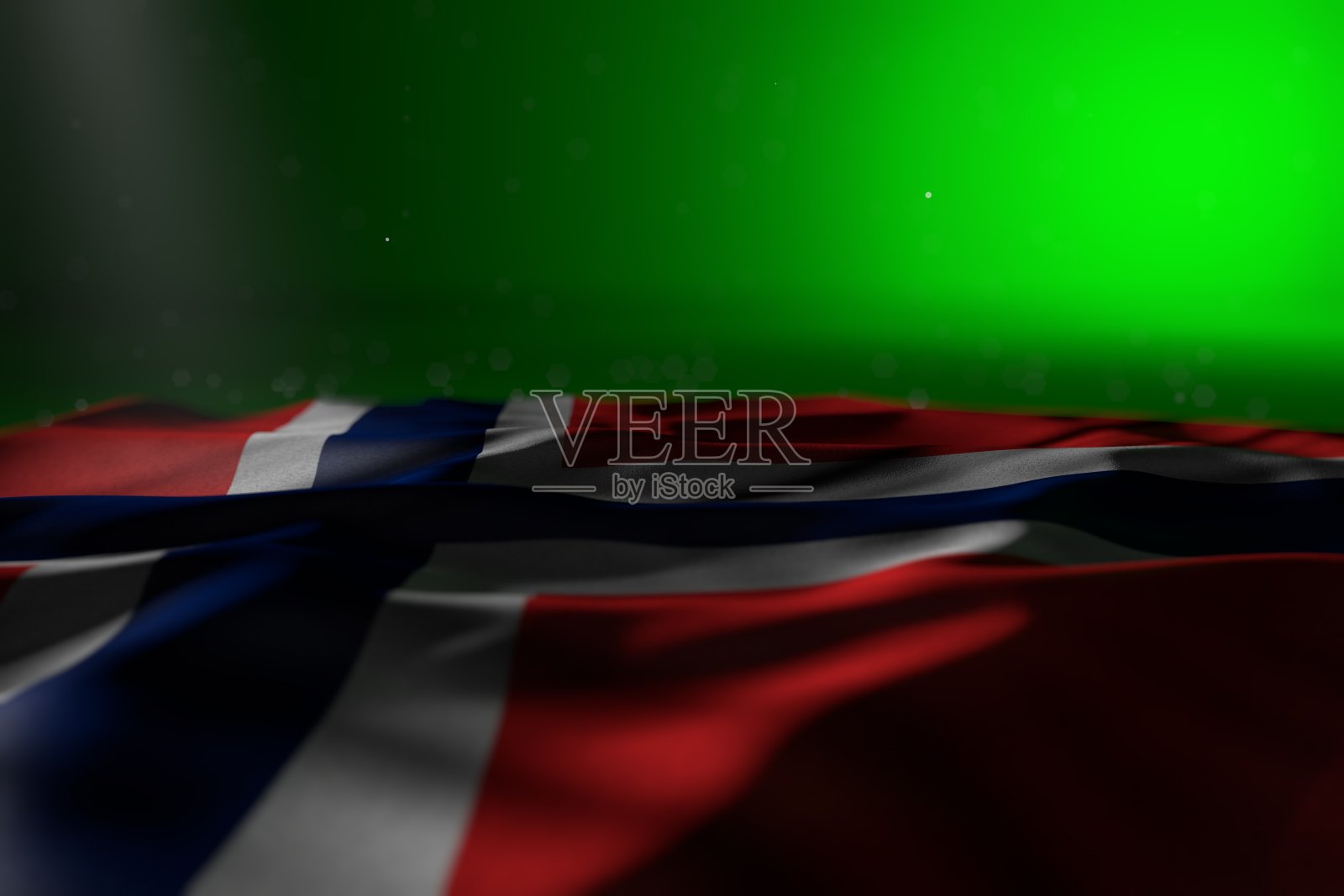 精彩的深色插图挪威国旗躺在绿色背景与选择性焦点和空白的地方文字-任何节日旗3d插图照片摄影图片