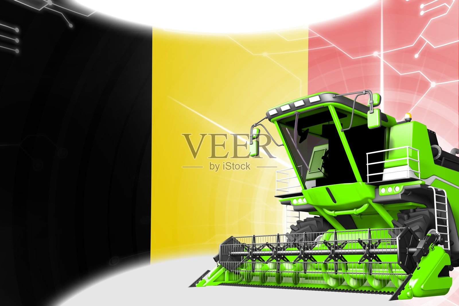 数字工业3D插画绿色先进农村联合收割机比利时旗农业设备创新理念插画图片素材