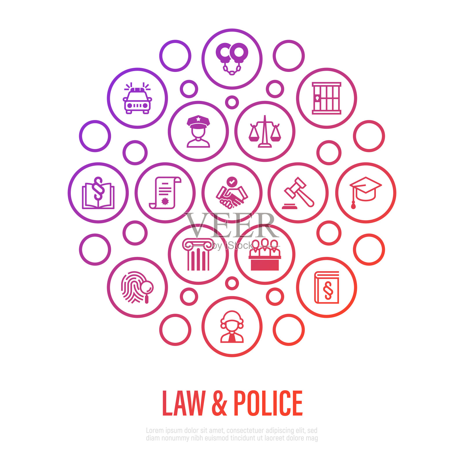法律与警察概念呈圆形。警察、法官、公诉人、律师、法庭、监狱、指纹、定罪、证据等平面线条图标。矢量插图，邮寄模板。插画图片素材