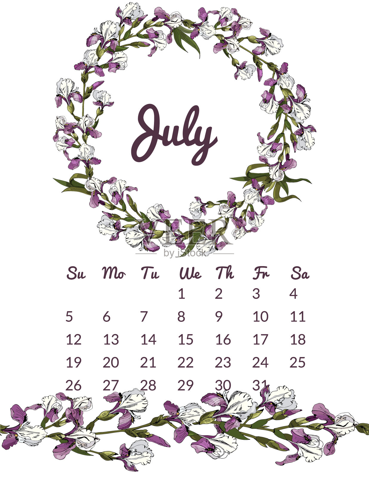可打印的植物日历2020与花环和无尽的刷紫色鸢尾花和叶。手绘墨水和彩色花卉对象孤立在白色背景设计模板素材