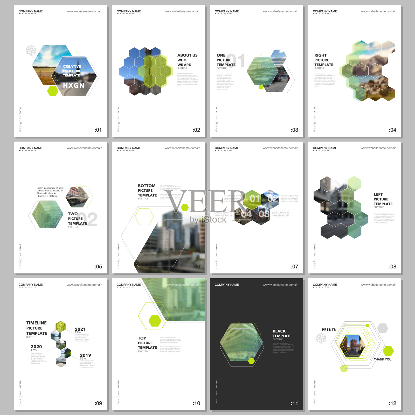 最小的小册子模板与六角形和六角形元素的白色背景。封面设计模板的传单，传单，小册子，报告，演示，广告，杂志。设计模板素材