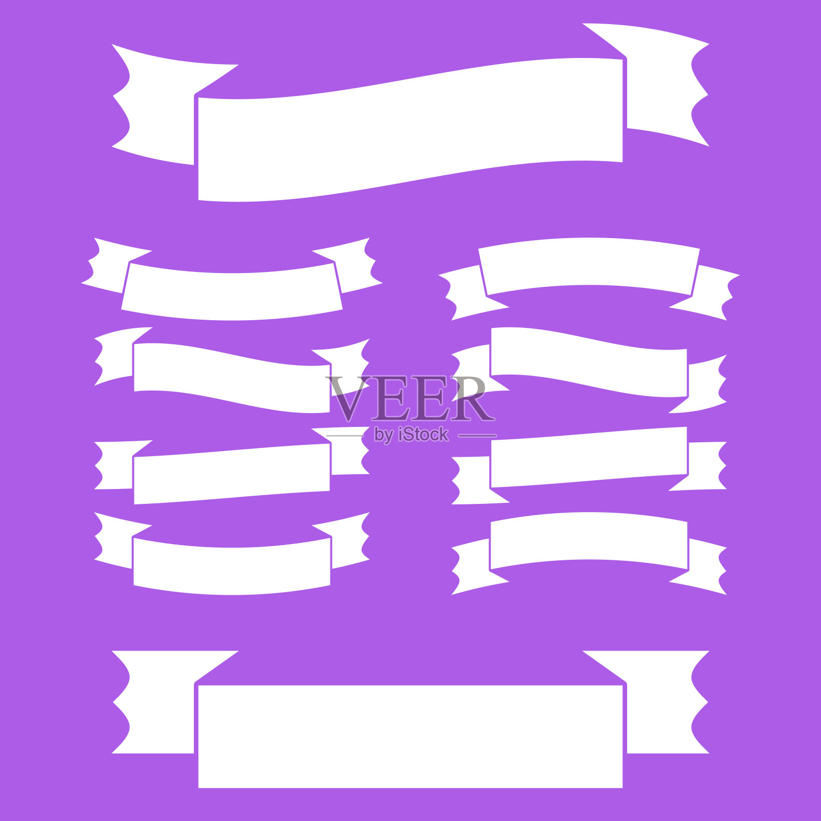 一组白色的丝带横幅。为文本留出空间。一个简单的平面矢量插图孤立在紫色的背景。适用于信息图表，设计，广告，假期，标签。插画图片素材