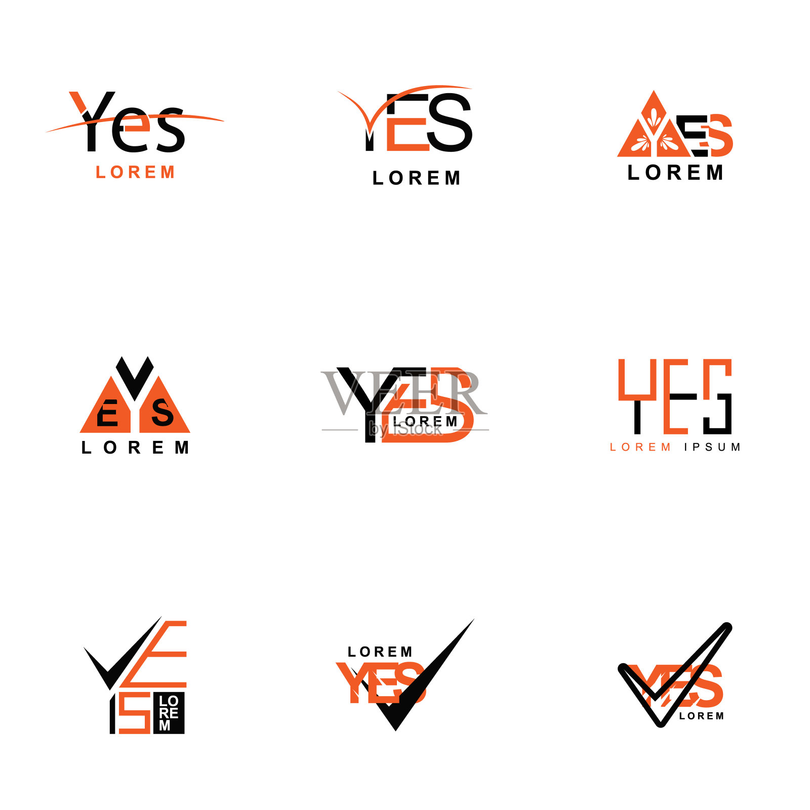 在包装中有九个表示“是”的符号，其中一个三角形是黑色和橙色。适用于流程和财务公司，人力资源，住房，政府部门。也适用于数码印刷和在线业务插画图片素材