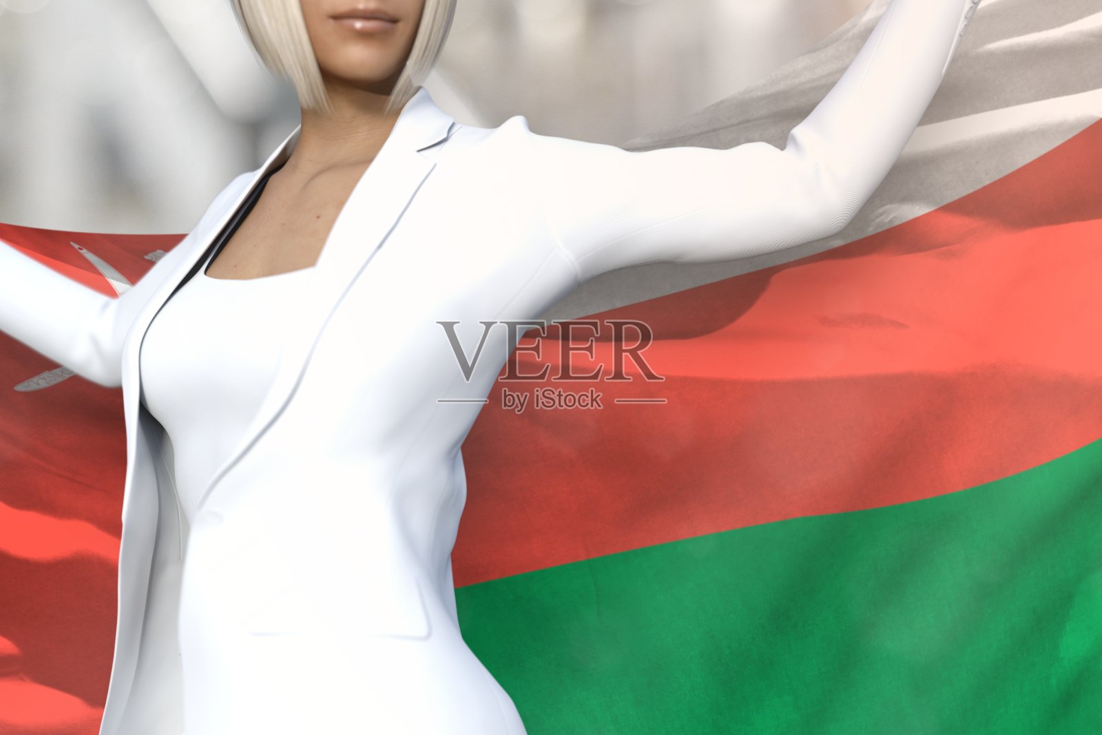 美丽的商业女人手持阿曼国旗在她背后的办公楼背景-旗帜概念3d插图照片摄影图片