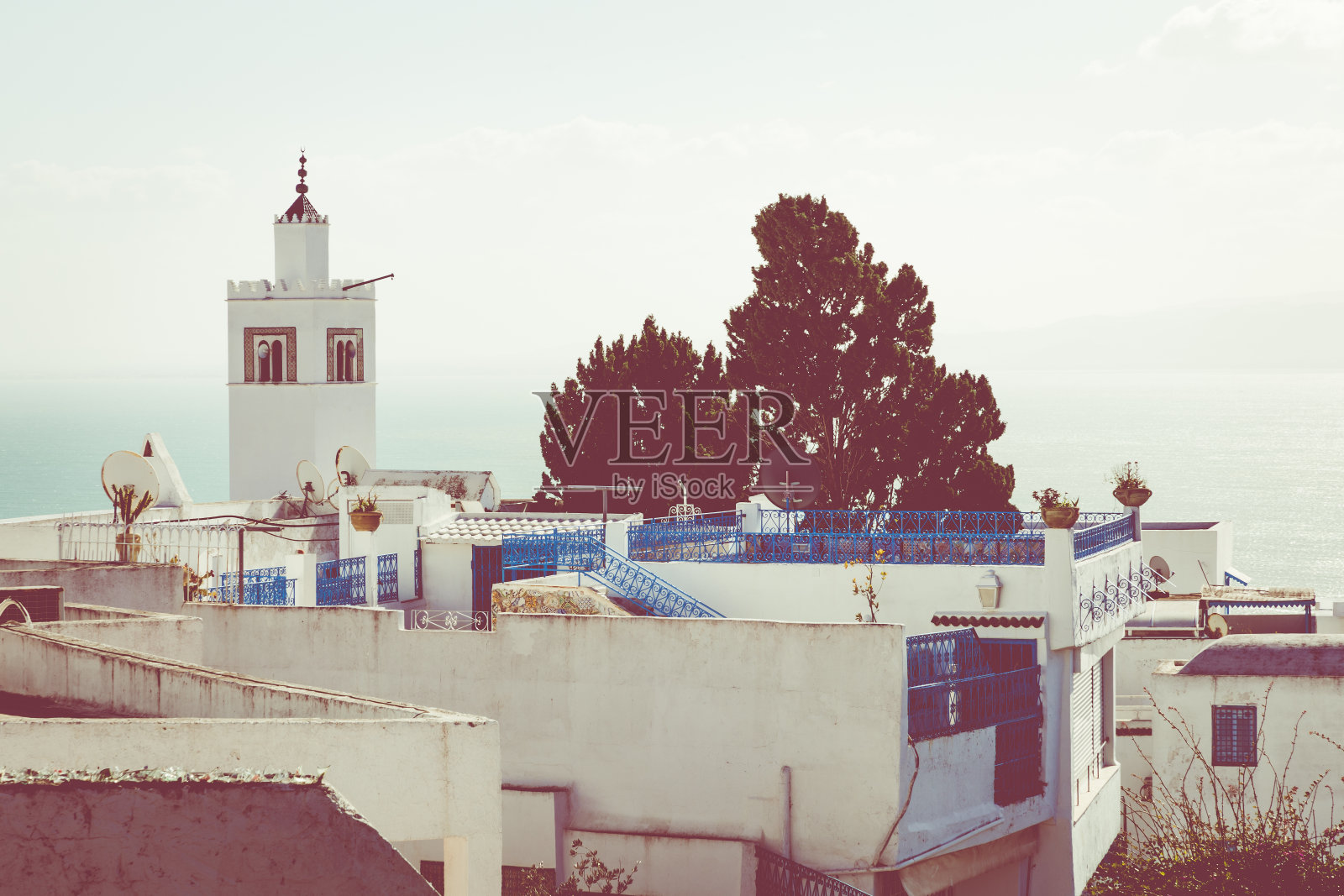 从度假小镇Sidi Bou Said的全景。突尼斯,北非。照片摄影图片