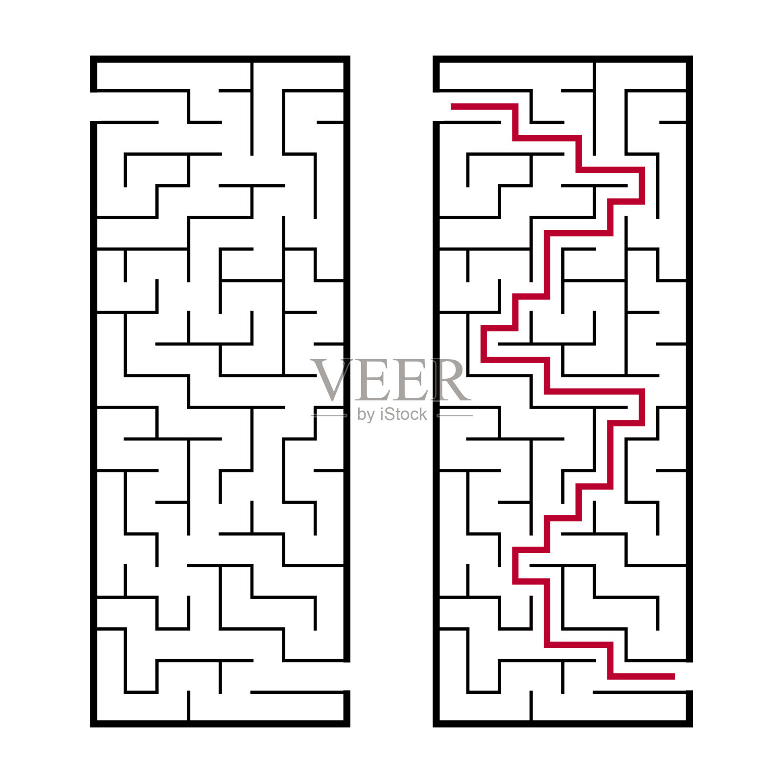 黑色矩形迷宫，有入口和出口。一个有趣和有用的游戏，为孩子。简单的平面矢量插图孤立在白色背景。与答案。插画图片素材