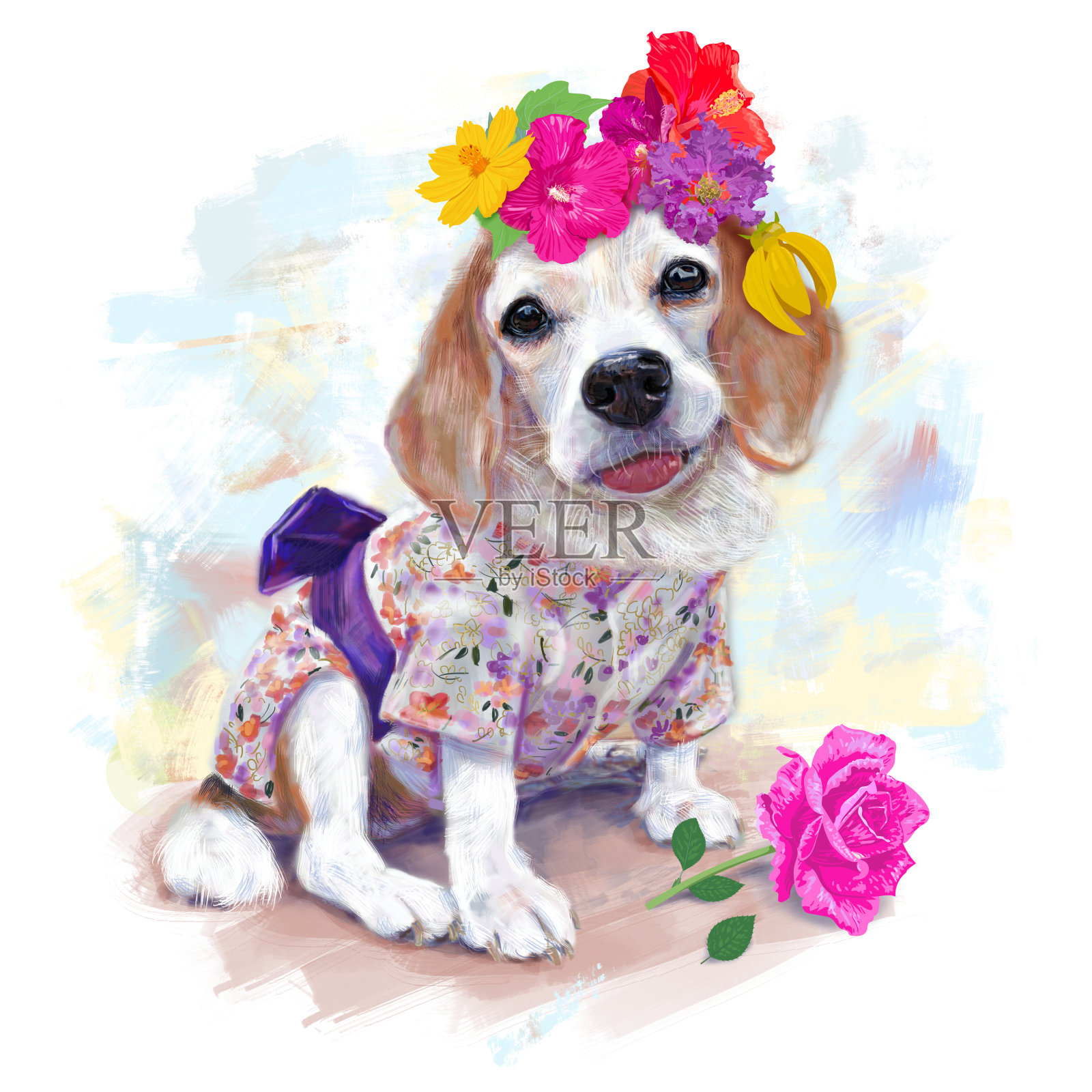 可爱的小猎犬穿可爱的服装，日本风格，和花环插画图片素材