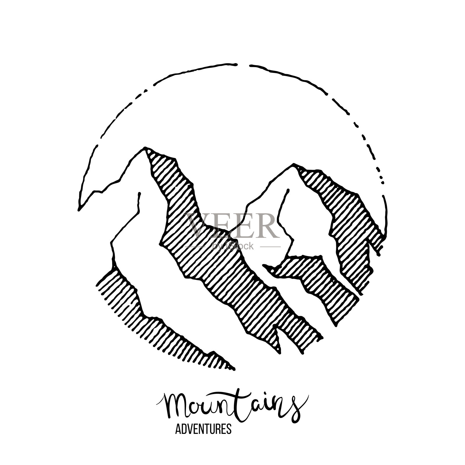 山探险。手绘垃圾标签与山插画图片素材