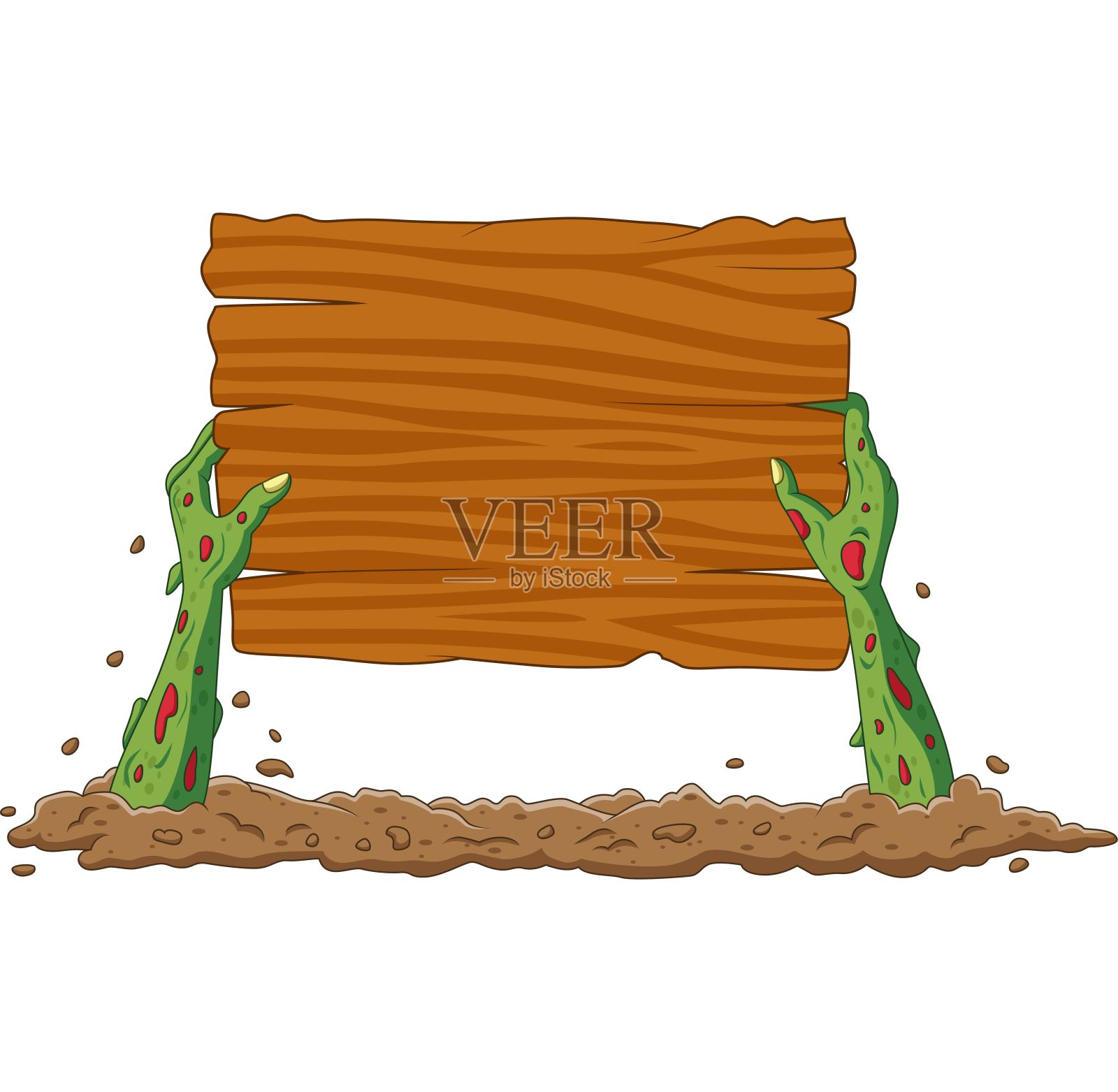 卡通僵尸手从地上举着空白标志插画图片素材