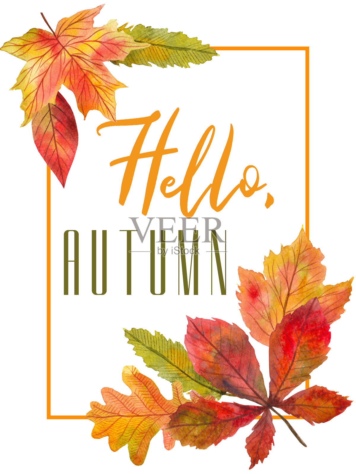 传单的模板，有彩色的叶子和蘑菇的水彩手绘插图和文字“你好，秋天”。插画图片素材
