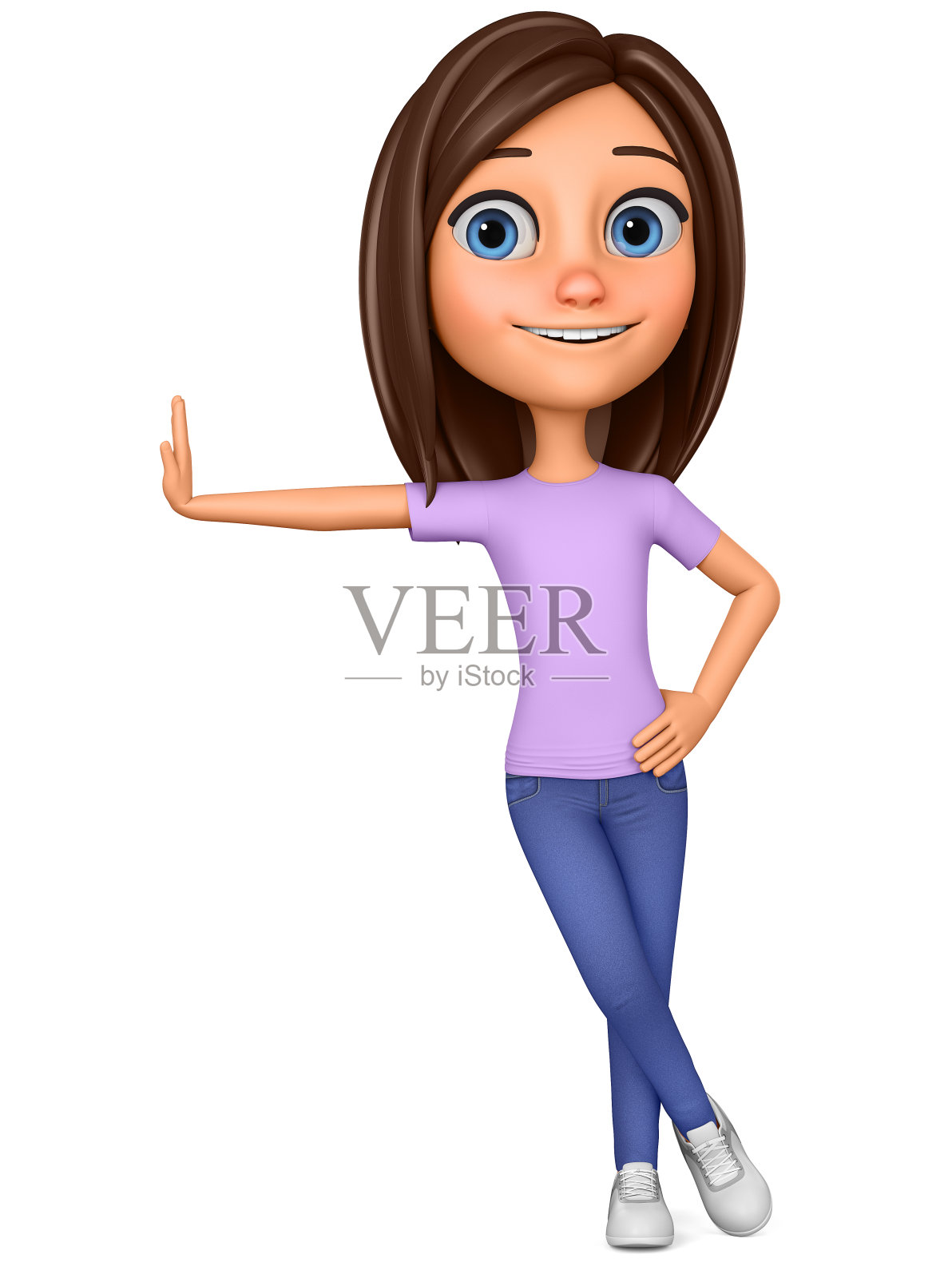 卡通人物女孩靠在一块空白的黑板上。插画图片素材