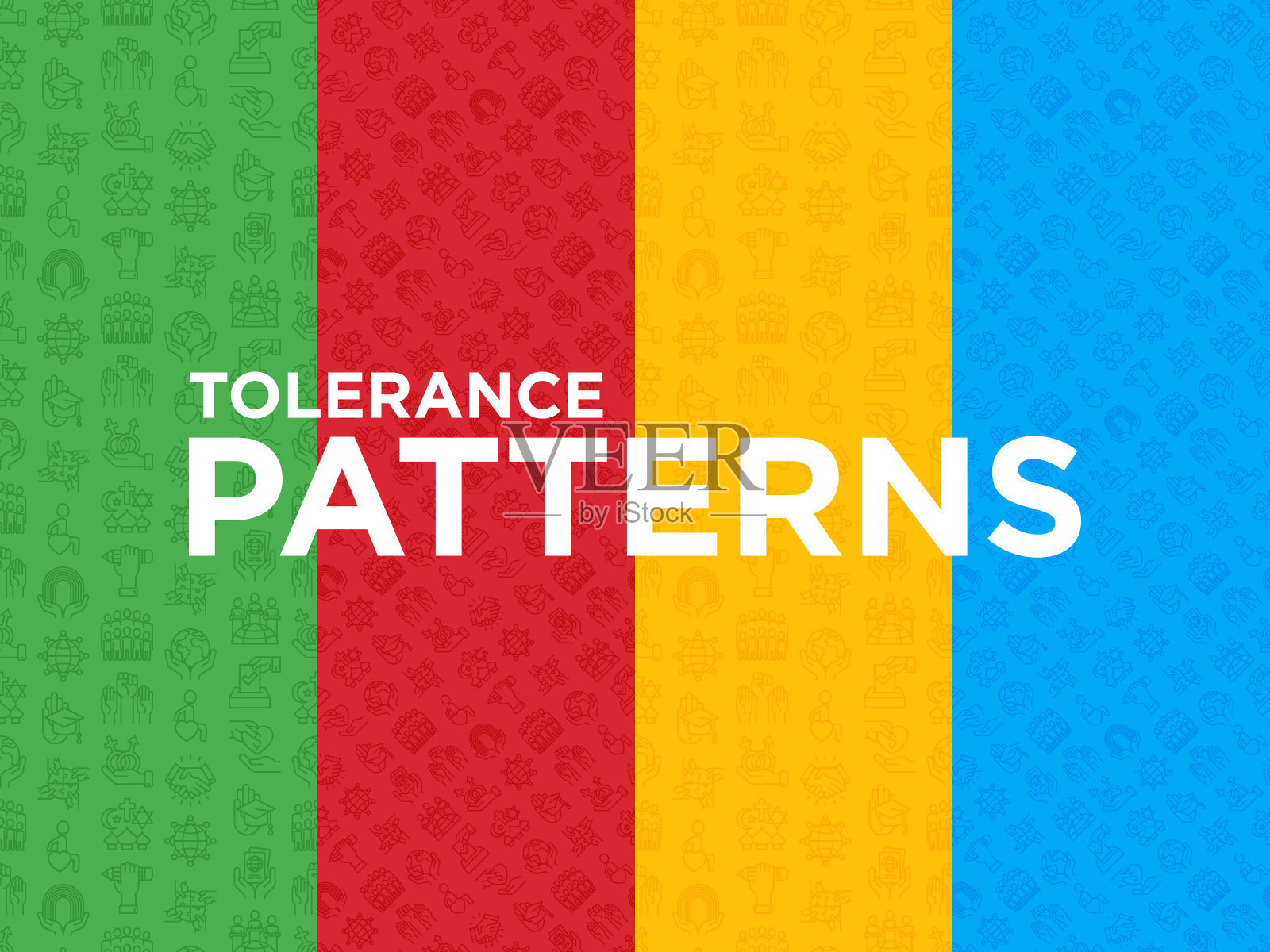 四种不同的宽容无缝模式与细线图标:性别，种族，国家，宗教，性取向，教育，阶层，残疾，尊重。矢量插图。插画图片素材