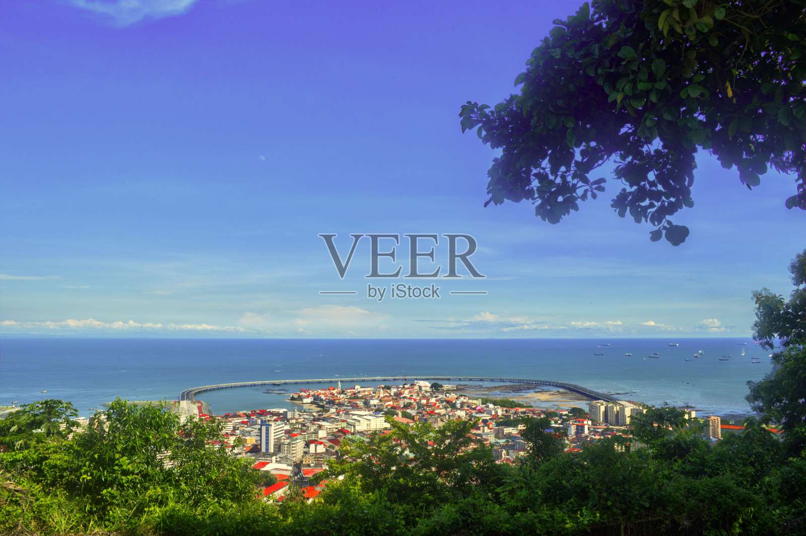 从Ancón Hill看巴拿马城的摩天大楼。从Ancón山看巴拿马城。水面和地平线上的摩天大楼。美丽湛蓝的天空照片摄影图片