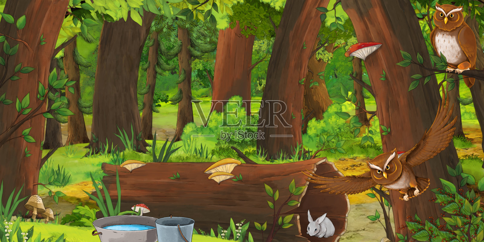 卡通夏季场景与深森林和鸟猫头鹰和食物碗-没有人在现场插画图片素材
