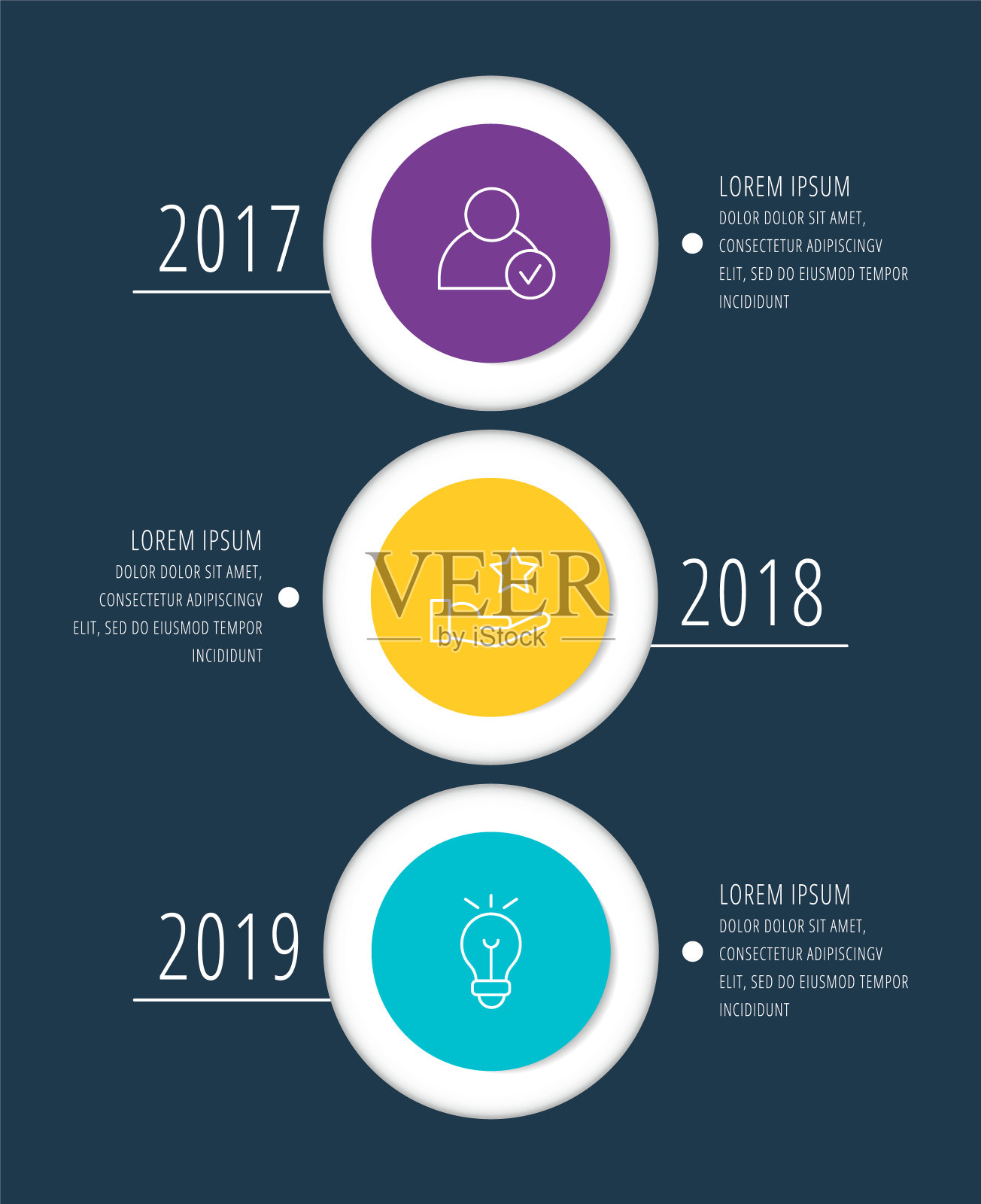矢量信息图平面模板圆为标签、图示、图形、表示三种。商业概念与3个选项和箭头。对于内容，流程图，步骤，时间表，工作流程，营销。EPS10设计模板素材