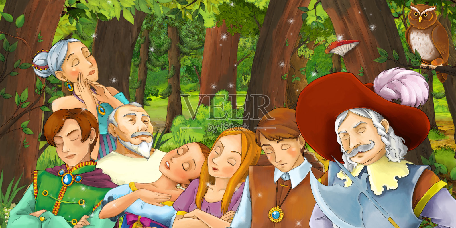 卡通场景，快乐的小女孩和小男孩王子和公主在森林里遇到一对飞翔的猫头鹰插画图片素材