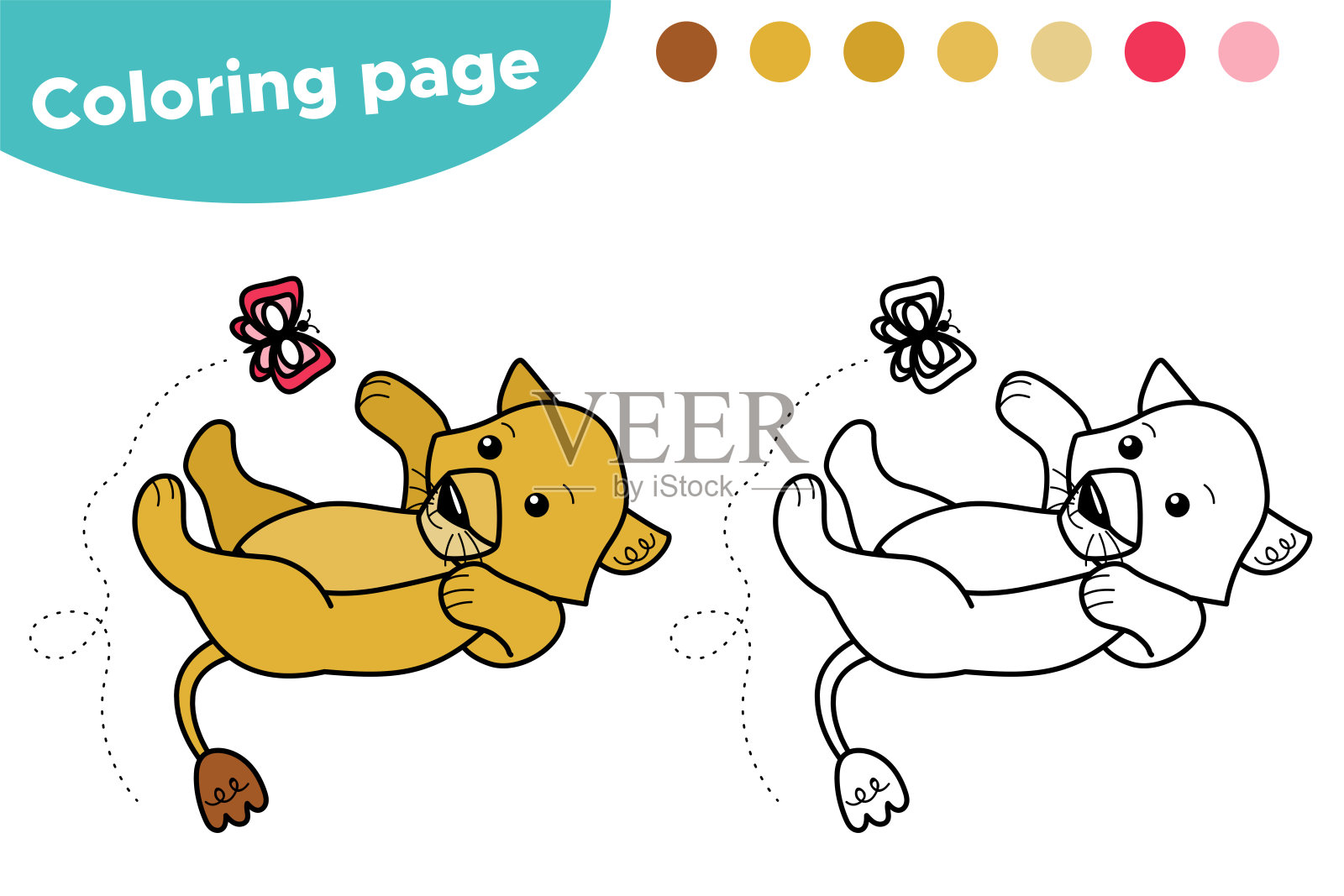 教育游戏，儿童涂色页。可爱的卡通狮子幼崽与蝴蝶玩耍。非洲动物。插画图片素材