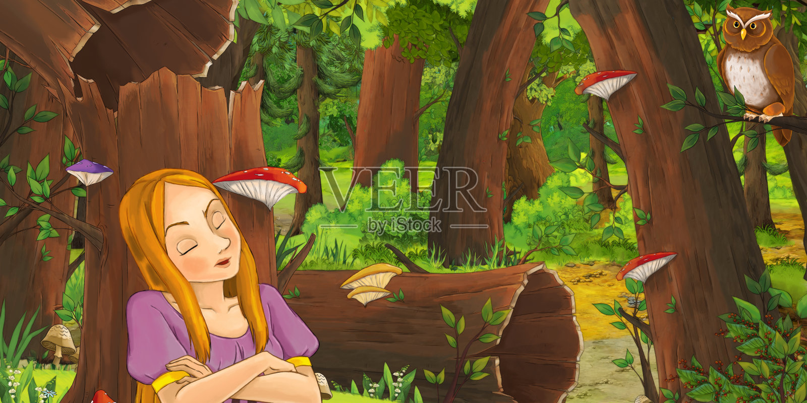 卡通场景是快乐的小公主在森林里遇到一对飞翔的猫头鹰插画图片素材
