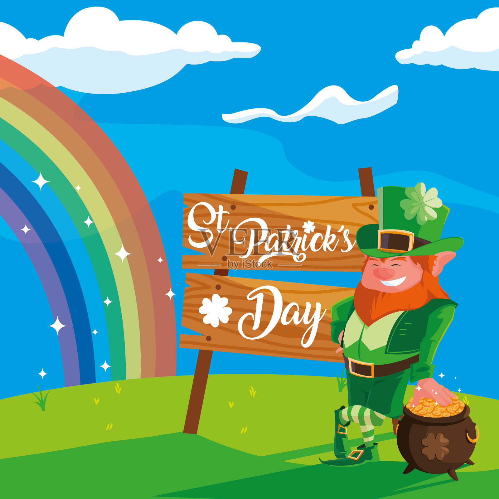 圣帕特里克节，风景中有小妖精和大锅插画图片素材