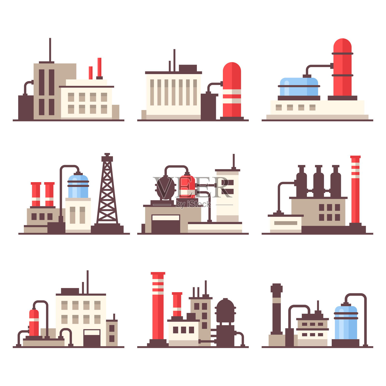 工业工厂建筑图标集。平风格向量图标素材