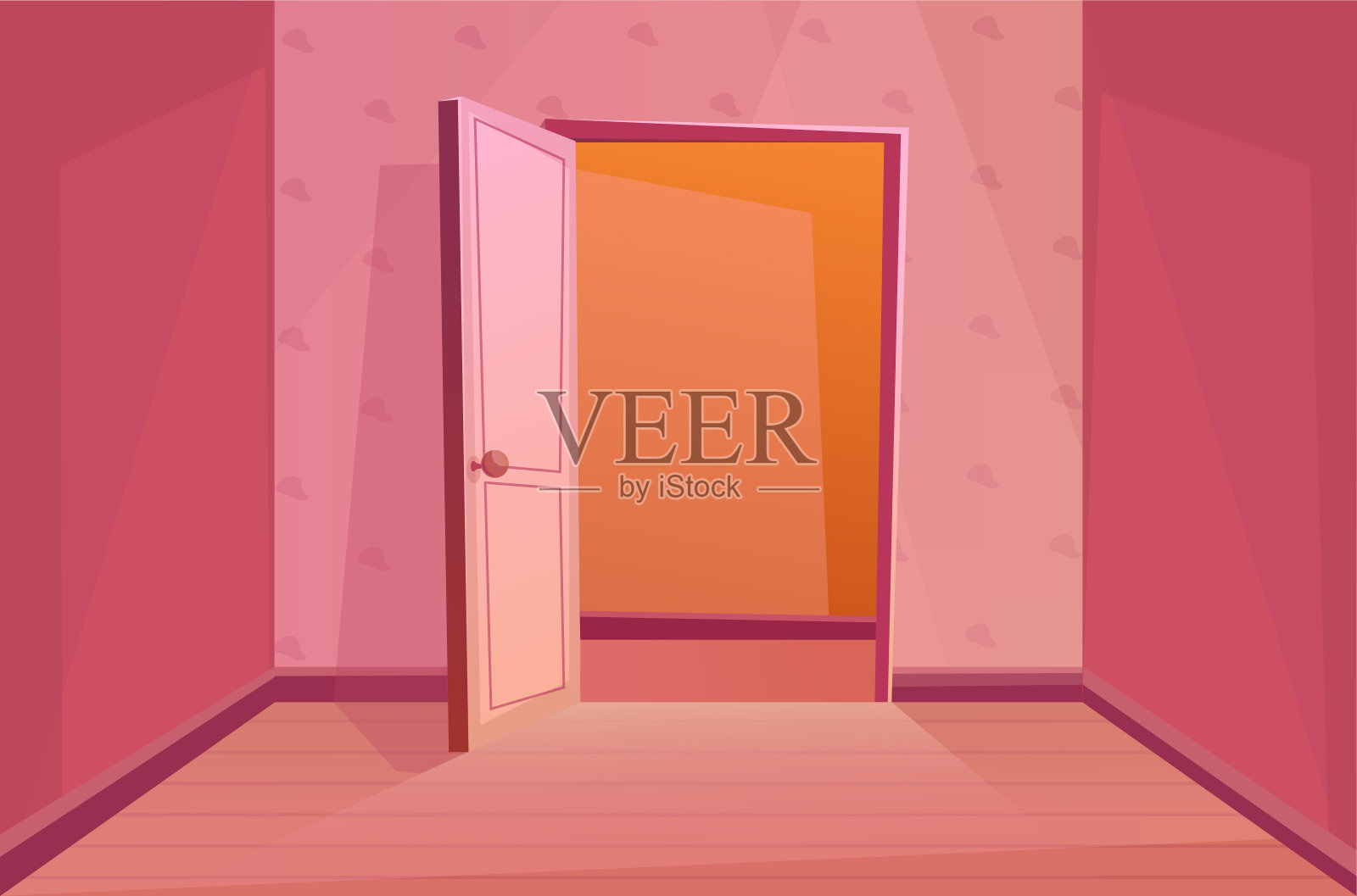 打开门。在室内。进入了房间。卡通矢量插图在粉红色的颜色。插画图片素材