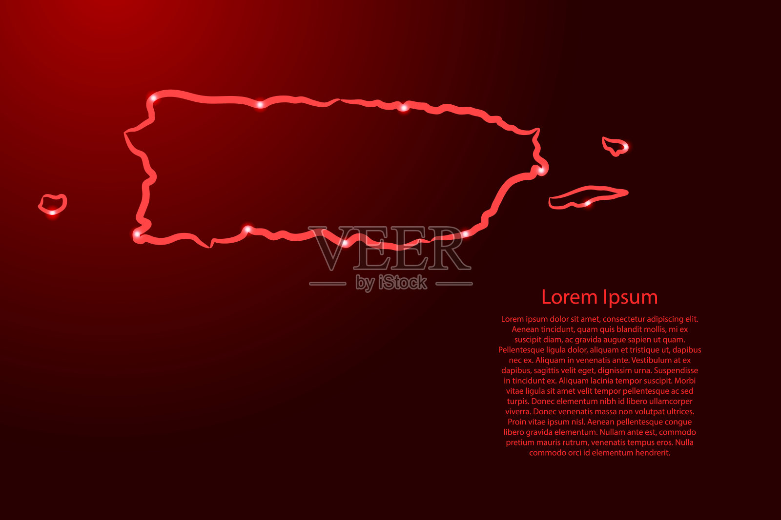 波多黎各地图从等高线红色笔刷不同的粗细和发光的星星在黑暗的背景。矢量插图。插画图片素材